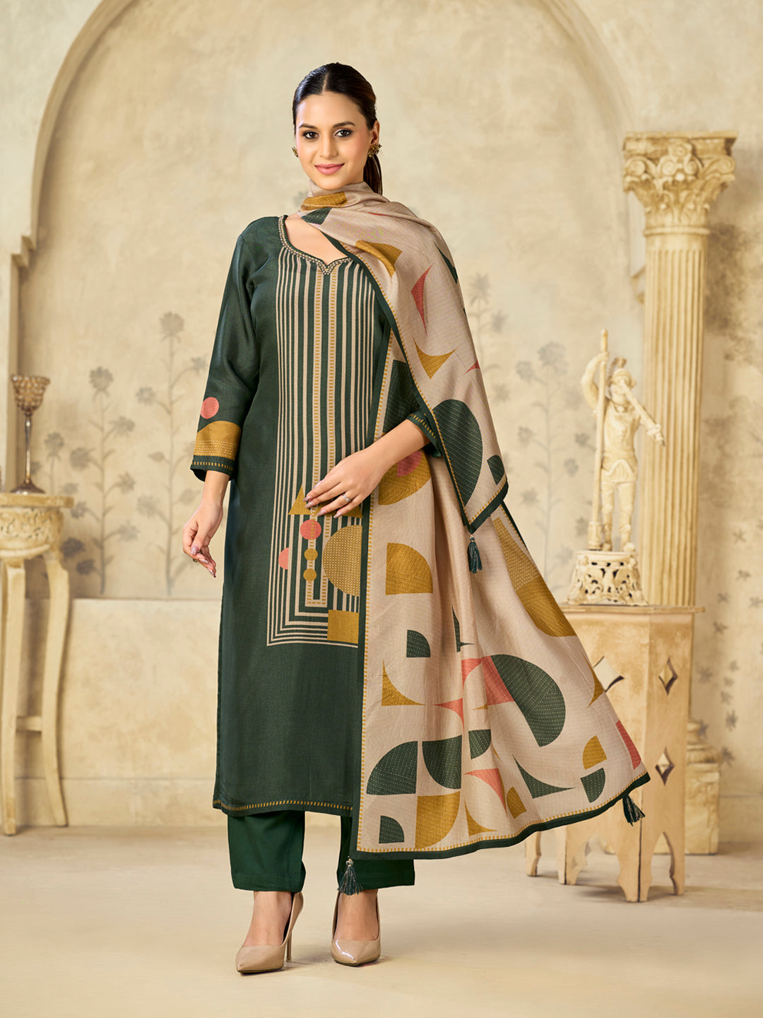Olive Printed With Handwork Straight Kurta With Dyed Trousers And Geometric Shapes Printed Dupatta