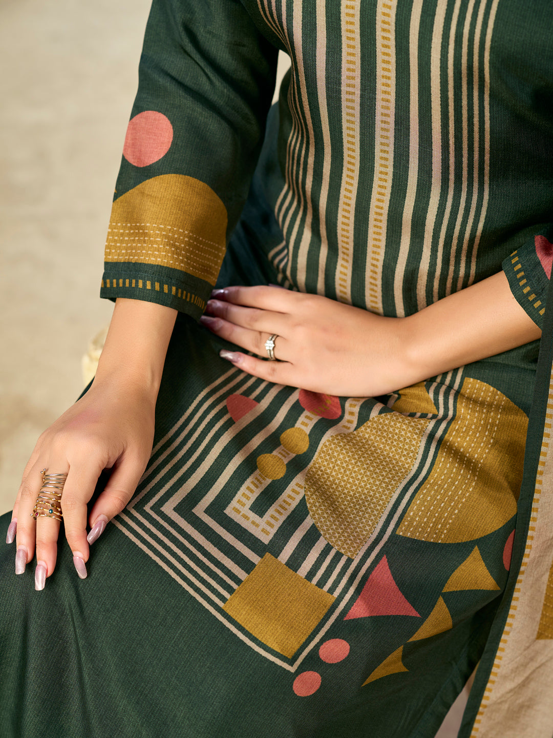 Olive Printed With Handwork Straight Kurta With Dyed Trousers And Geometric Shapes Printed Dupatta
