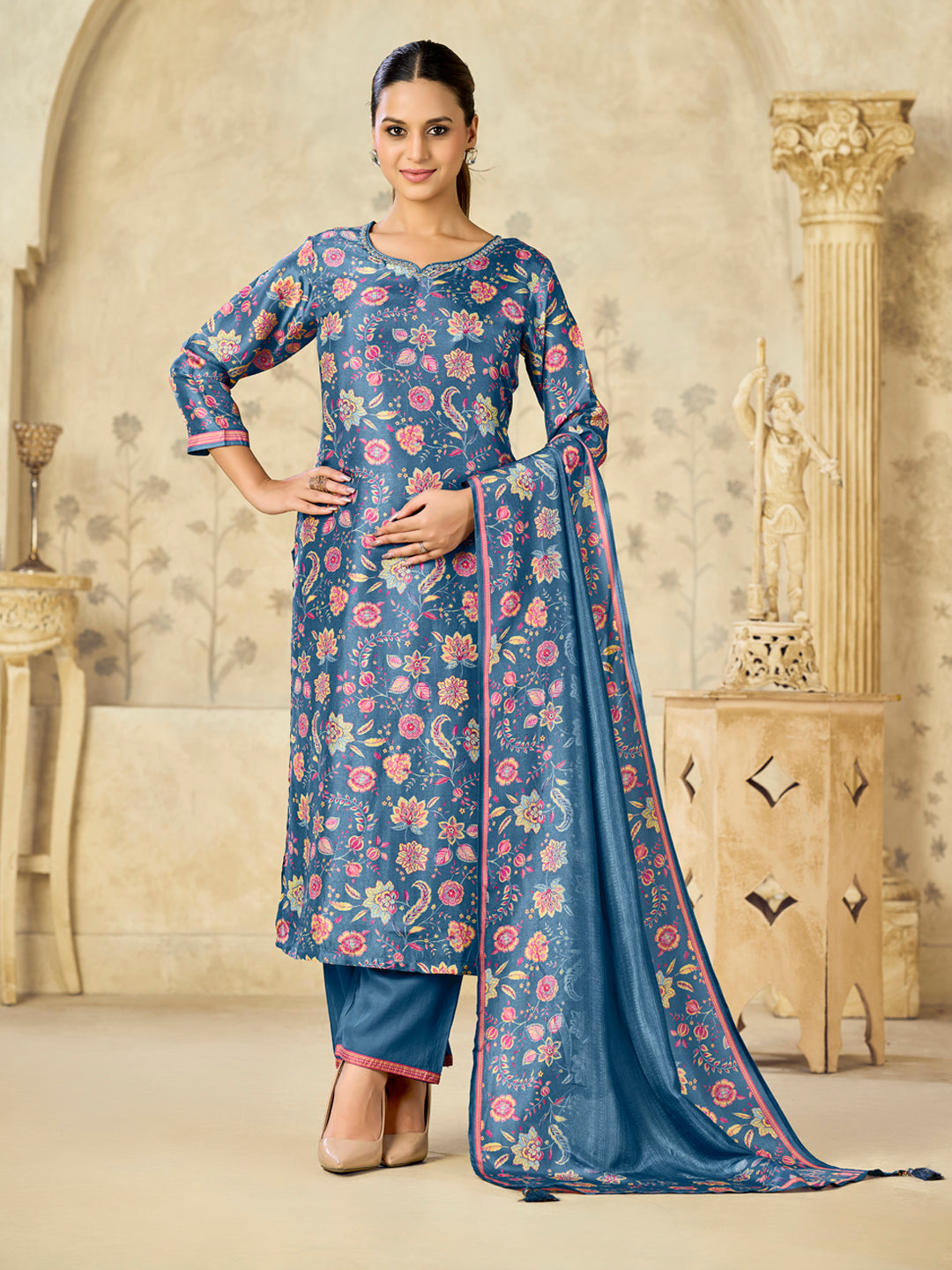 Blue Flower Printed With Handwork Straight Kurta With Dyed Trousers And Printed Flower Boarder Dupatta
