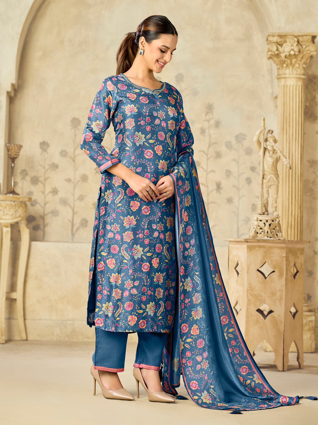 Blue Flower Printed With Handwork Straight Kurta With Dyed Trousers And Printed Flower Boarder Dupatta