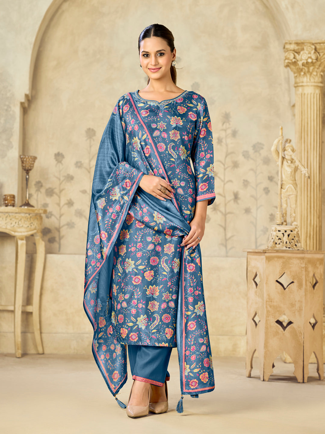 Blue Flower Printed With Handwork Straight Kurta With Dyed Trousers And Printed Flower Boarder Dupatta