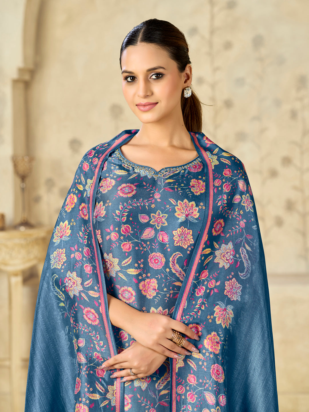 Blue Flower Printed With Handwork Straight Kurta With Dyed Trousers And Printed Flower Boarder Dupatta
