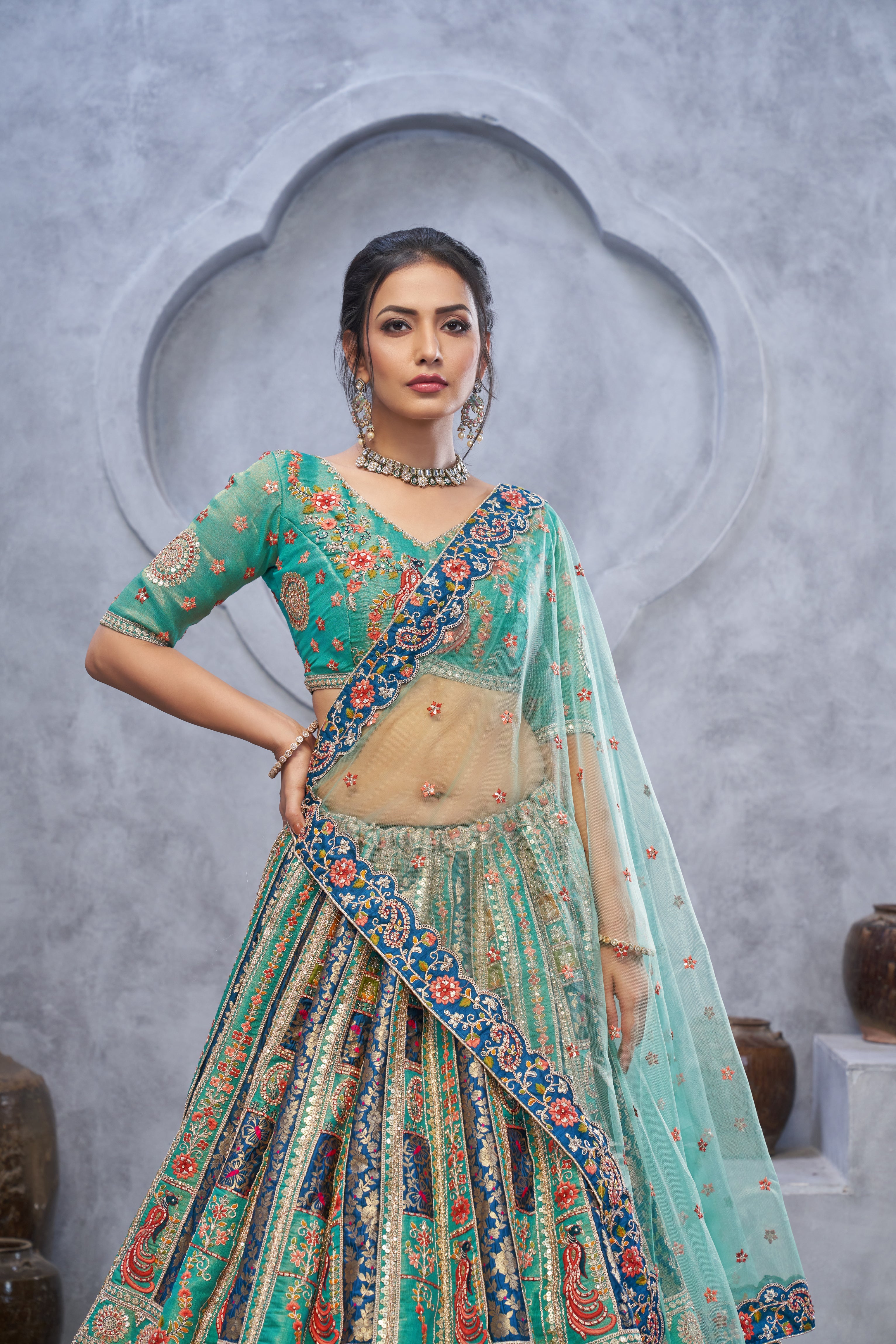 The Bagh Collection: Graceful Green Lehenga with Thread and Sequin Embellishments - qivii