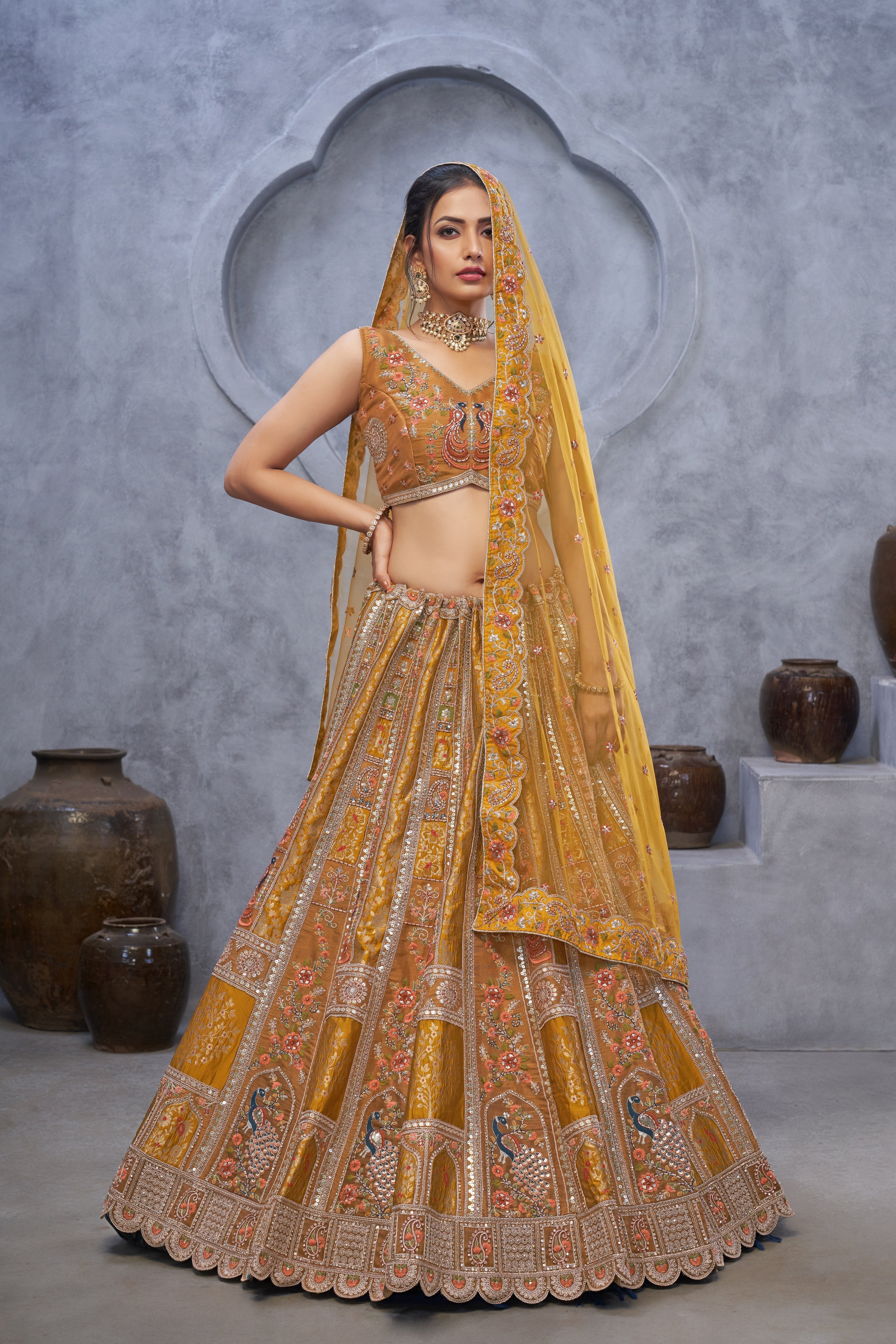 The Bagh Collection: Mustard Bridal Lehenga with Peacock Embroidery - qivii