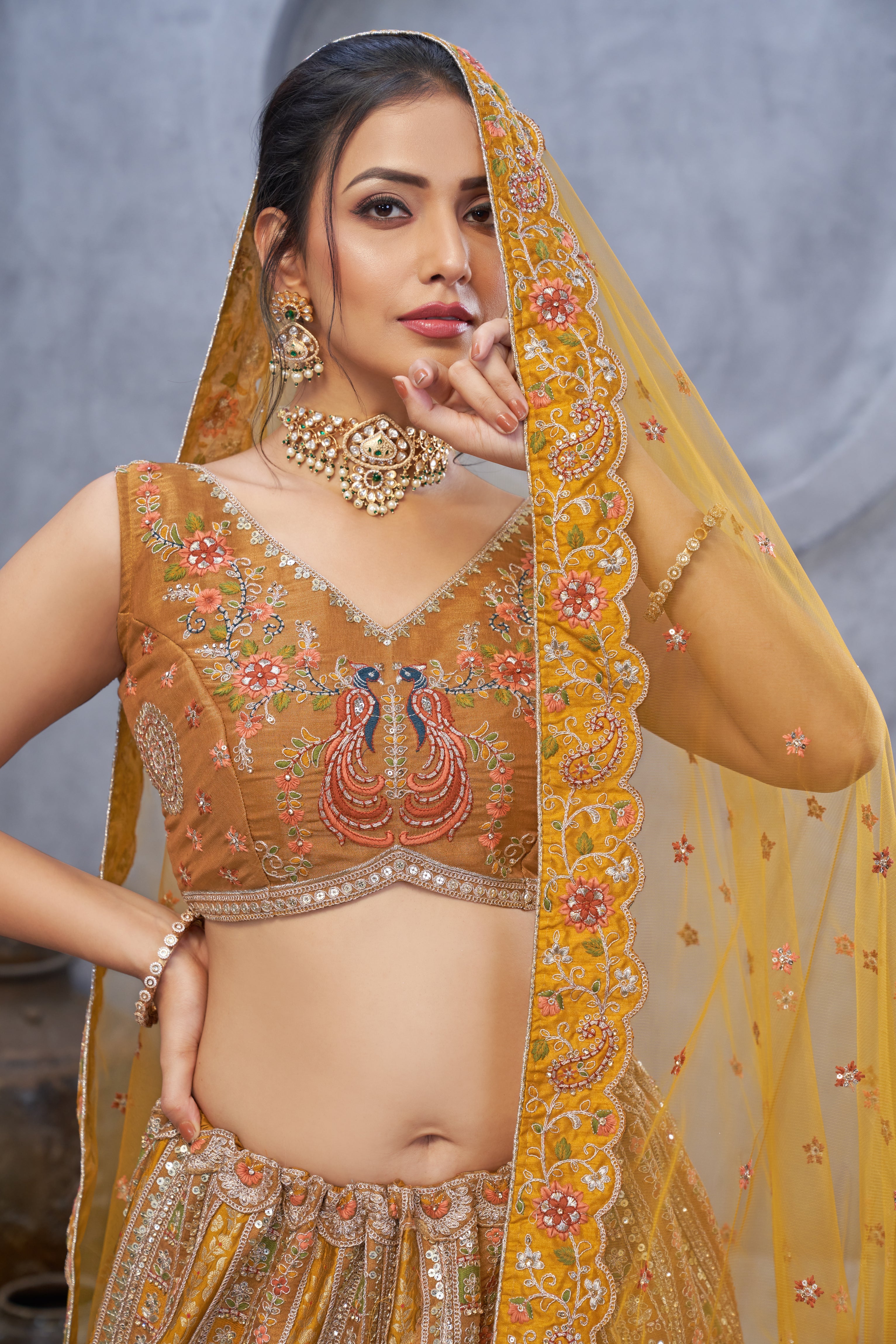 The Bagh Collection: Mustard Bridal Lehenga with Peacock Embroidery - qivii