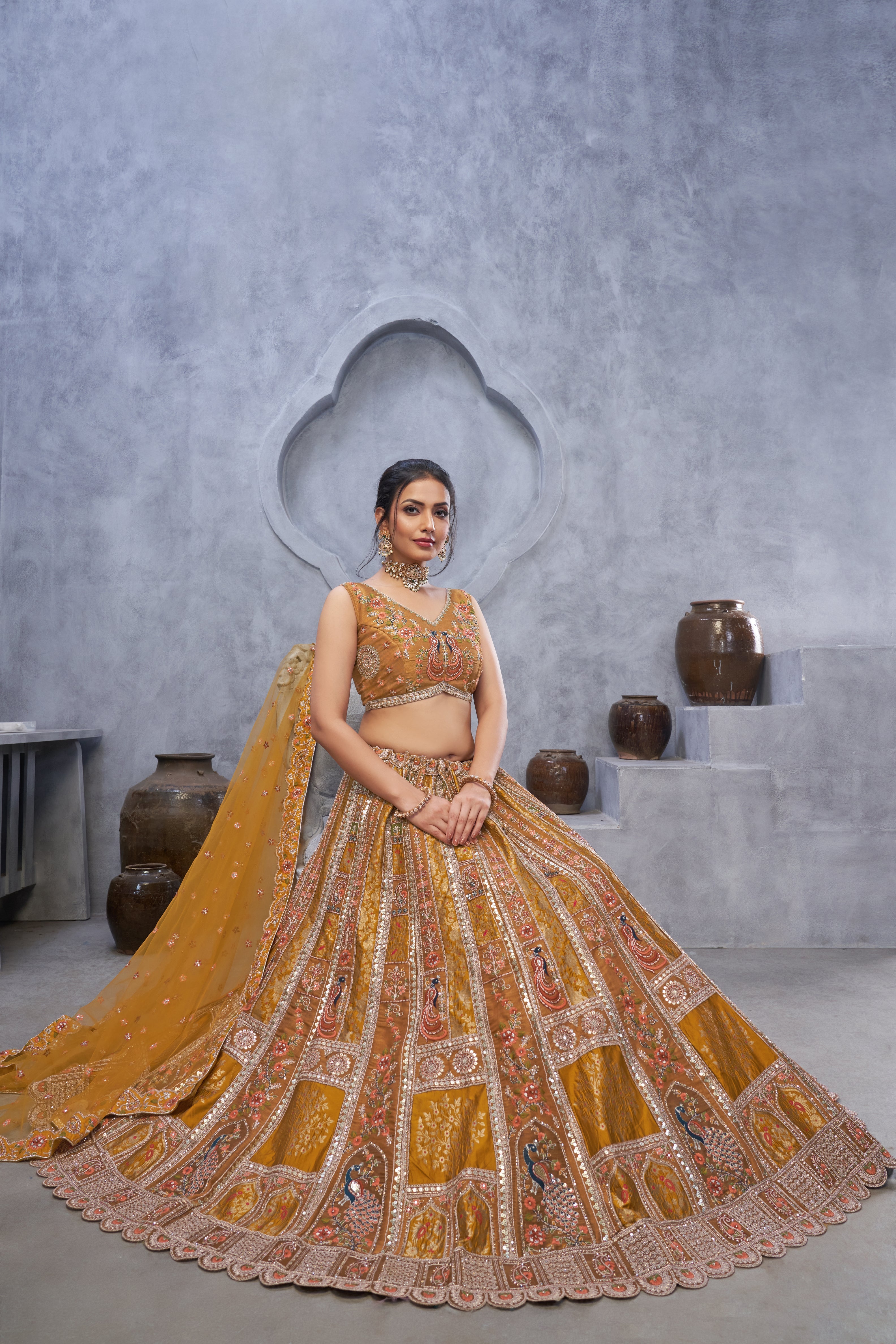The Bagh Collection: Mustard Bridal Lehenga with Peacock Embroidery - qivii