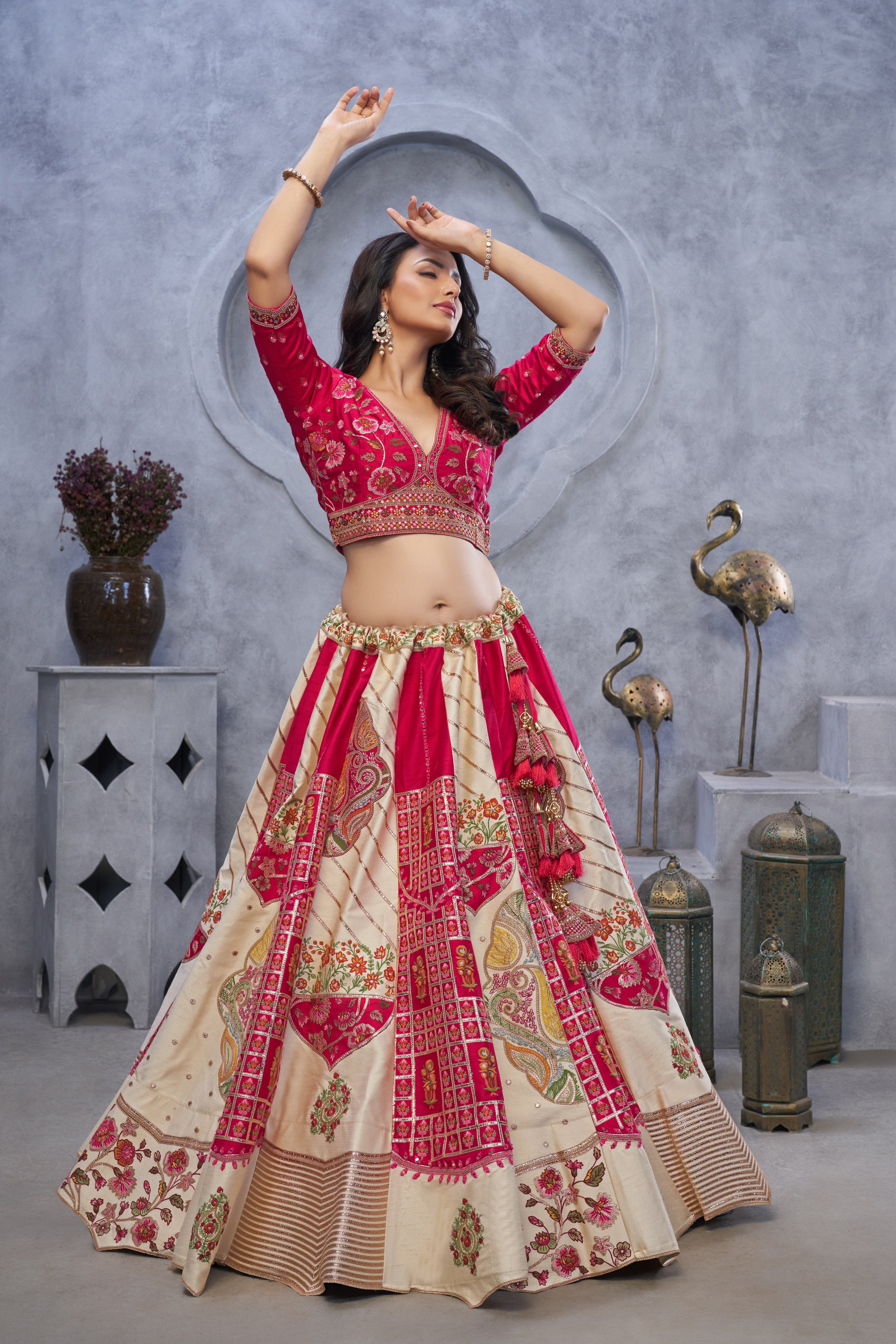Regal Elegance: Red and White Raw Silk Lehenga with Paisley Motifs and Sheer Pink Dupatta - qivii