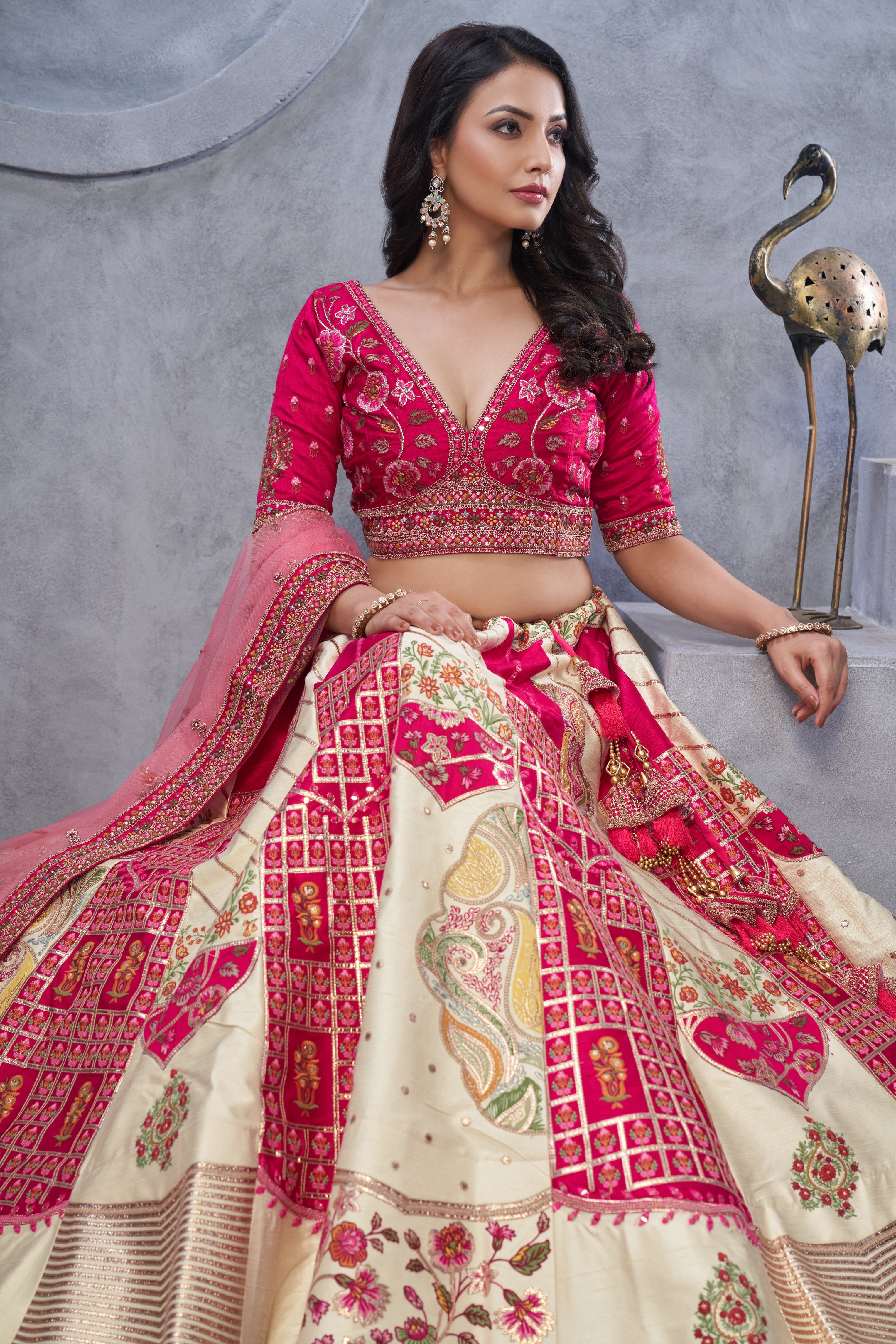 Regal Elegance: Red and White Raw Silk Lehenga with Paisley Motifs and Sheer Pink Dupatta - qivii