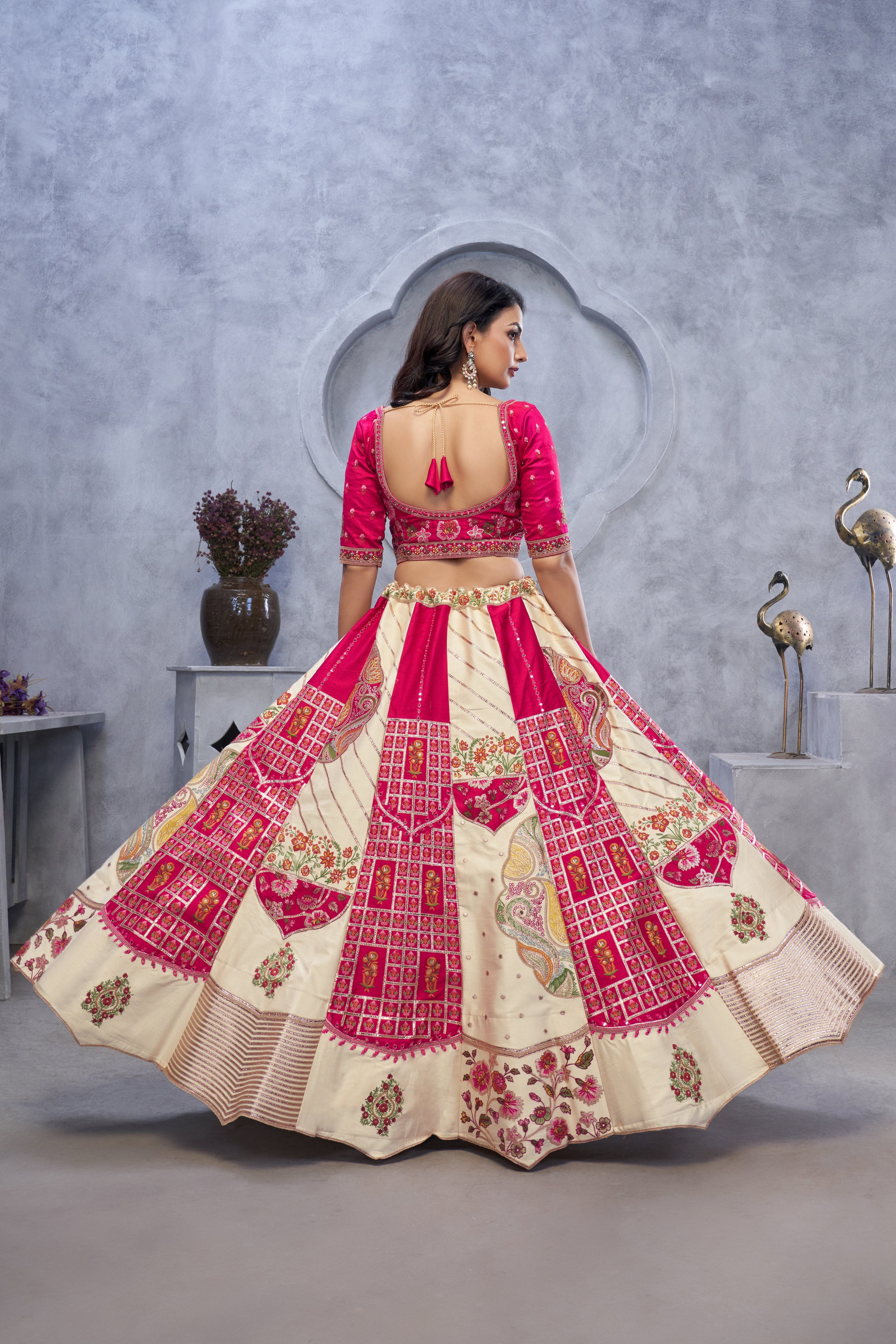 Regal Elegance: Red and White Raw Silk Lehenga with Paisley Motifs and Sheer Pink Dupatta - qivii