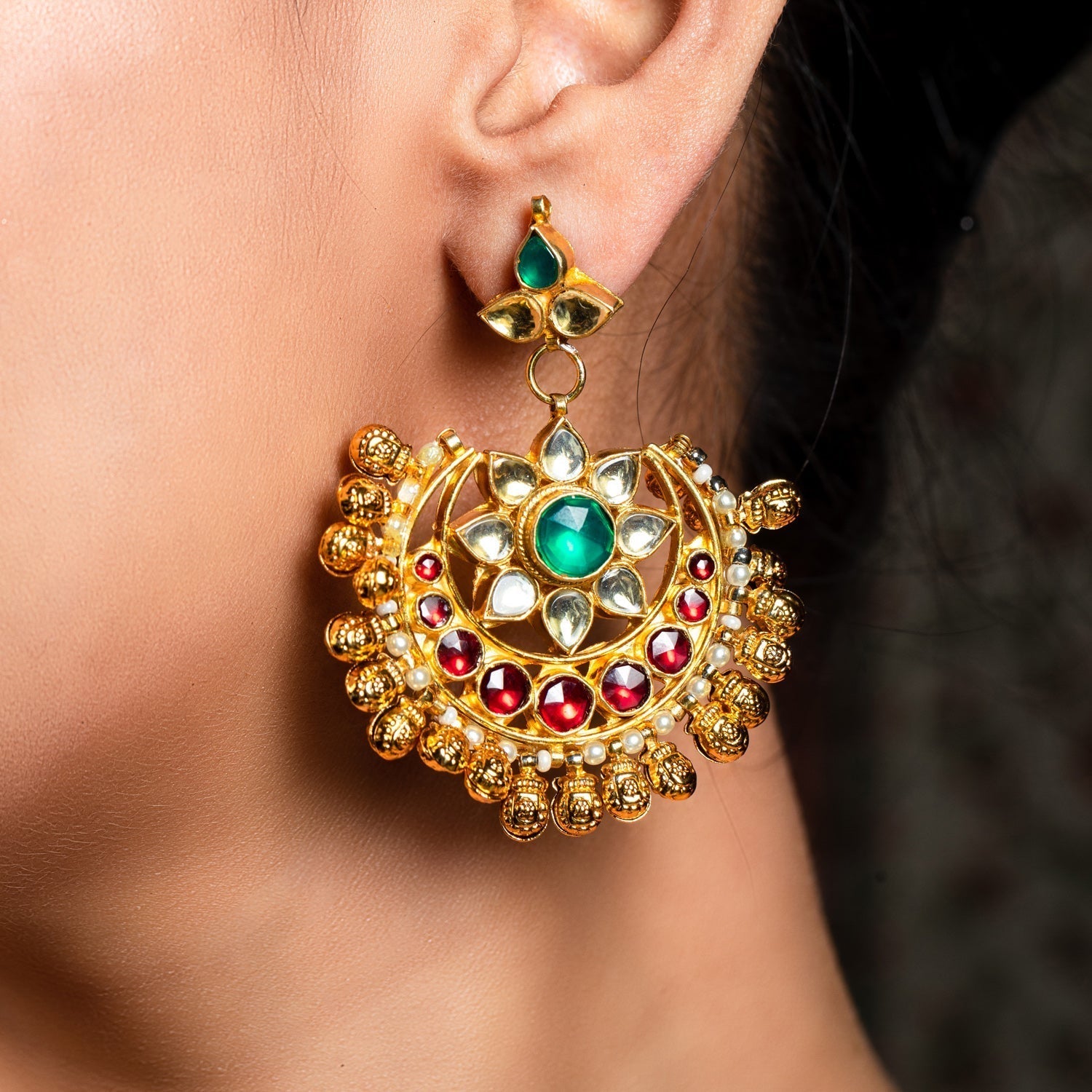 Ashrita Ruby & Green Coloured Pachi Kundan Chandbali - qivii