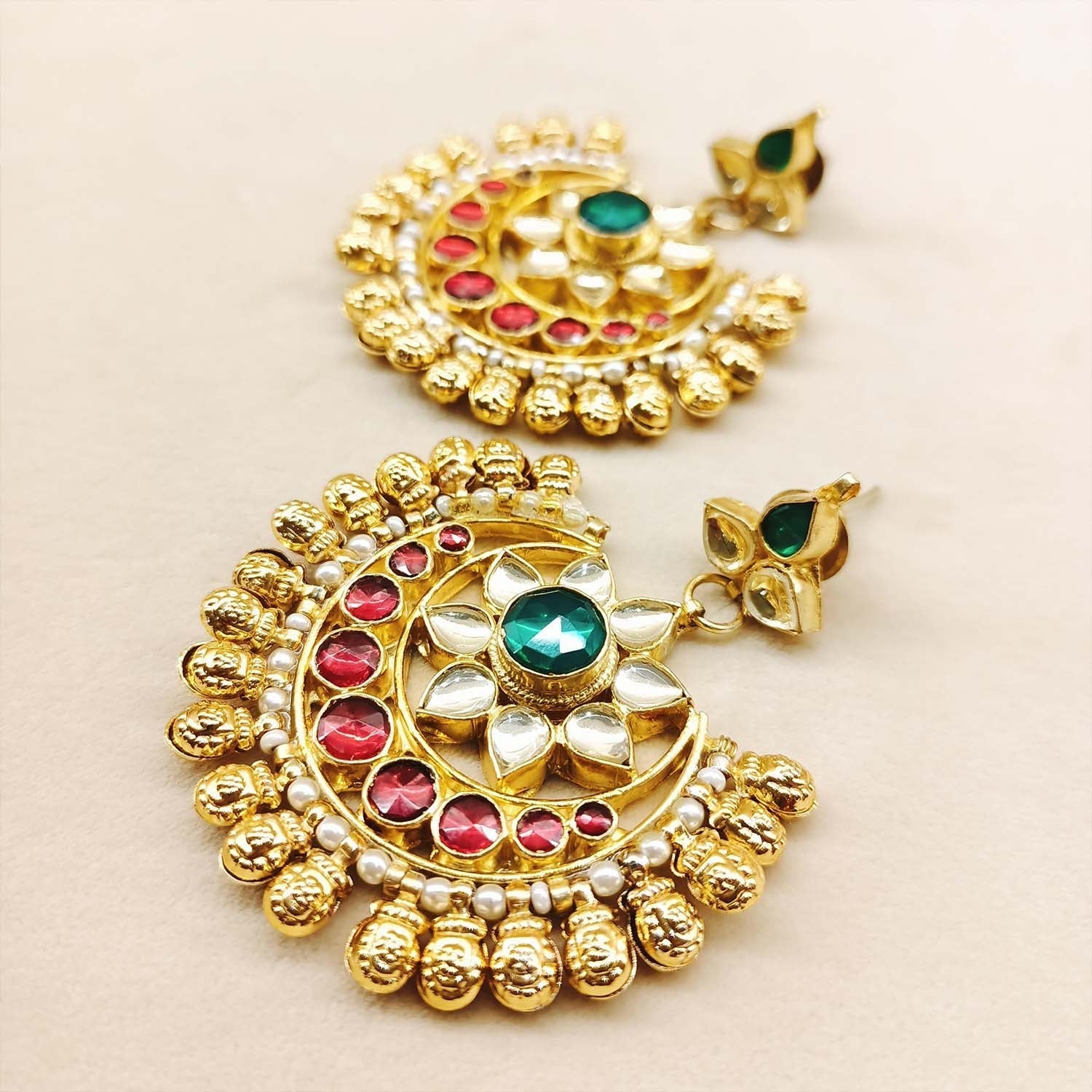 Ashrita Ruby & Green Coloured Pachi Kundan Chandbali - qivii