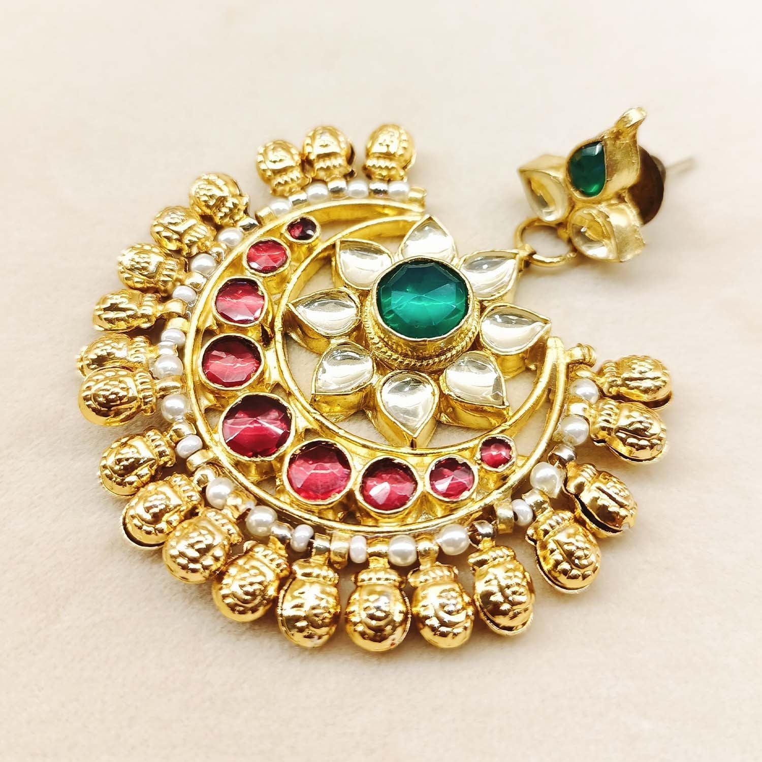 Ashrita Ruby & Green Coloured Pachi Kundan Chandbali - qivii