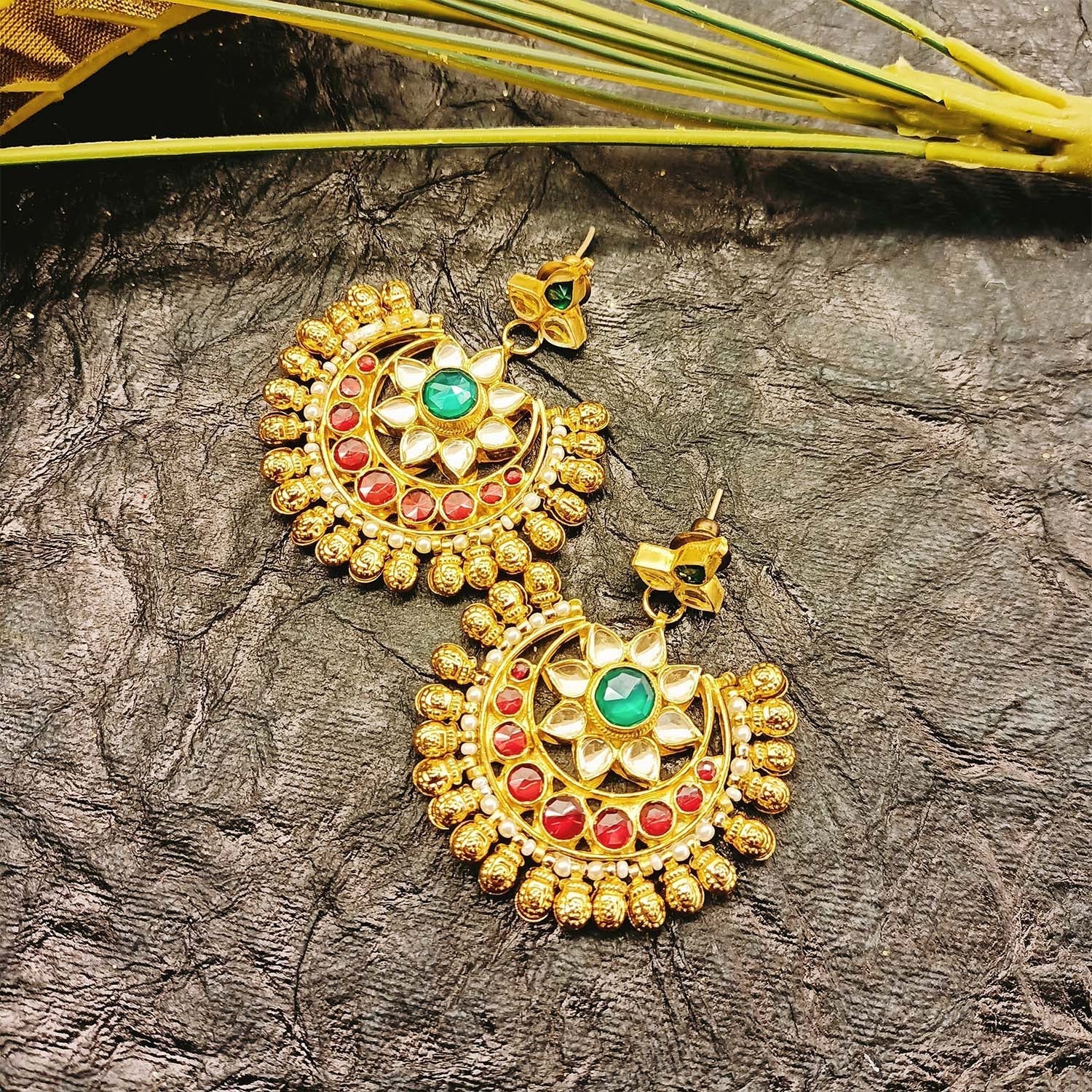Ashrita Ruby & Green Coloured Pachi Kundan Chandbali - qivii