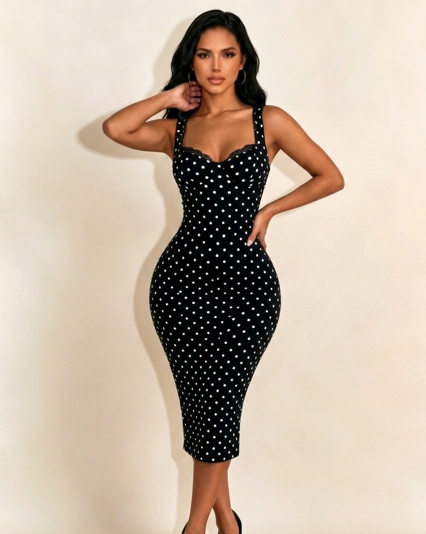 Women's Sexy Slim-Fit Stretchy Classic Polka Dot Hourglass Maxi Dress (Upgraded fabric) - By Qivii