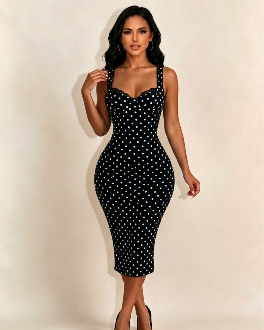 Women's Sexy Slim-Fit Stretchy Classic Polka Dot Hourglass Maxi Dress (Upgraded fabric) - By Qivii