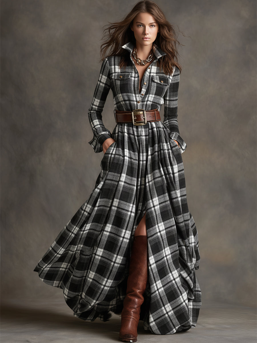 Scarlett | Plaid Maxi Shirt Dress Long Sleeve Belted Dress by Qivii