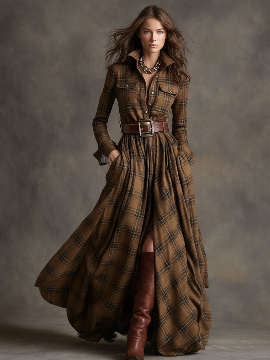 Scarlett | Plaid Maxi Shirt Dress Long Sleeve Belted Dress by Qivii