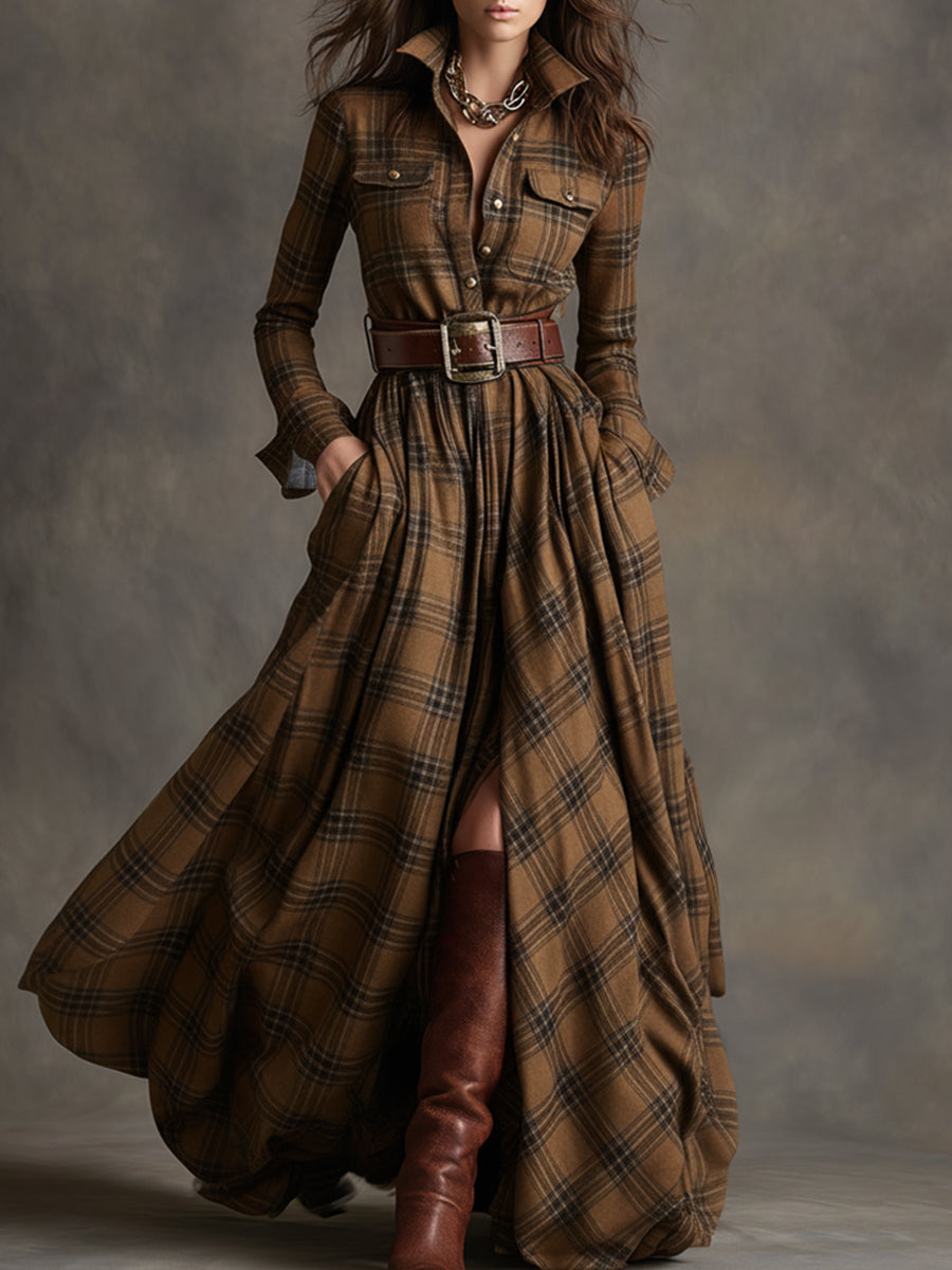 Scarlett | Plaid Maxi Shirt Dress Long Sleeve Belted Dress by Qivii