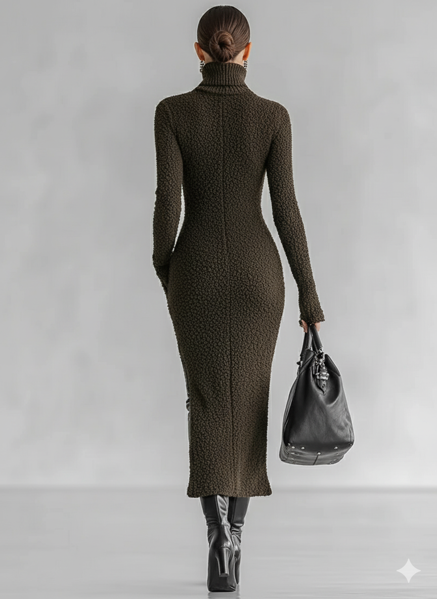 Women's Slim Fit Plush Knitted High Neck Side Slit Midi Dress MDA1401J4Y
