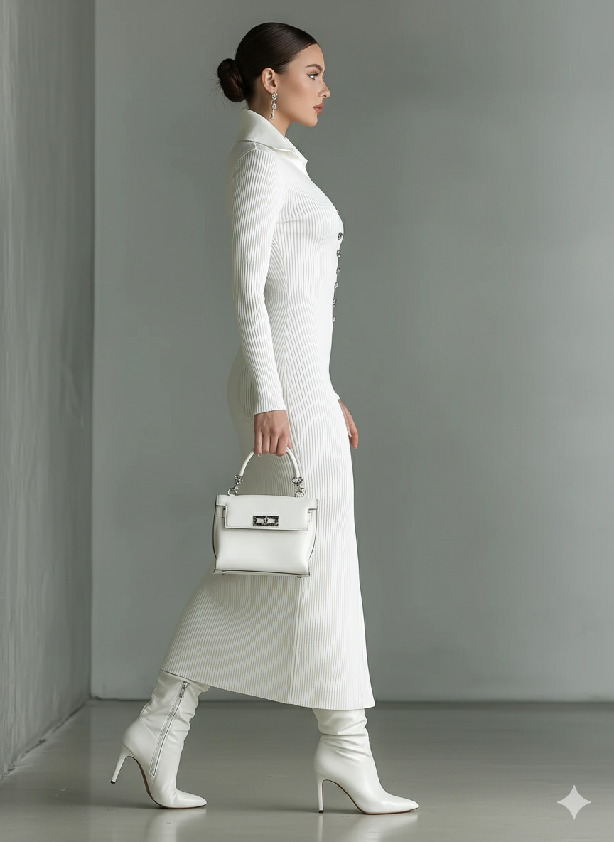 Women's White Knitted Polo Neck Slim Midi Dress MDA1329J8T