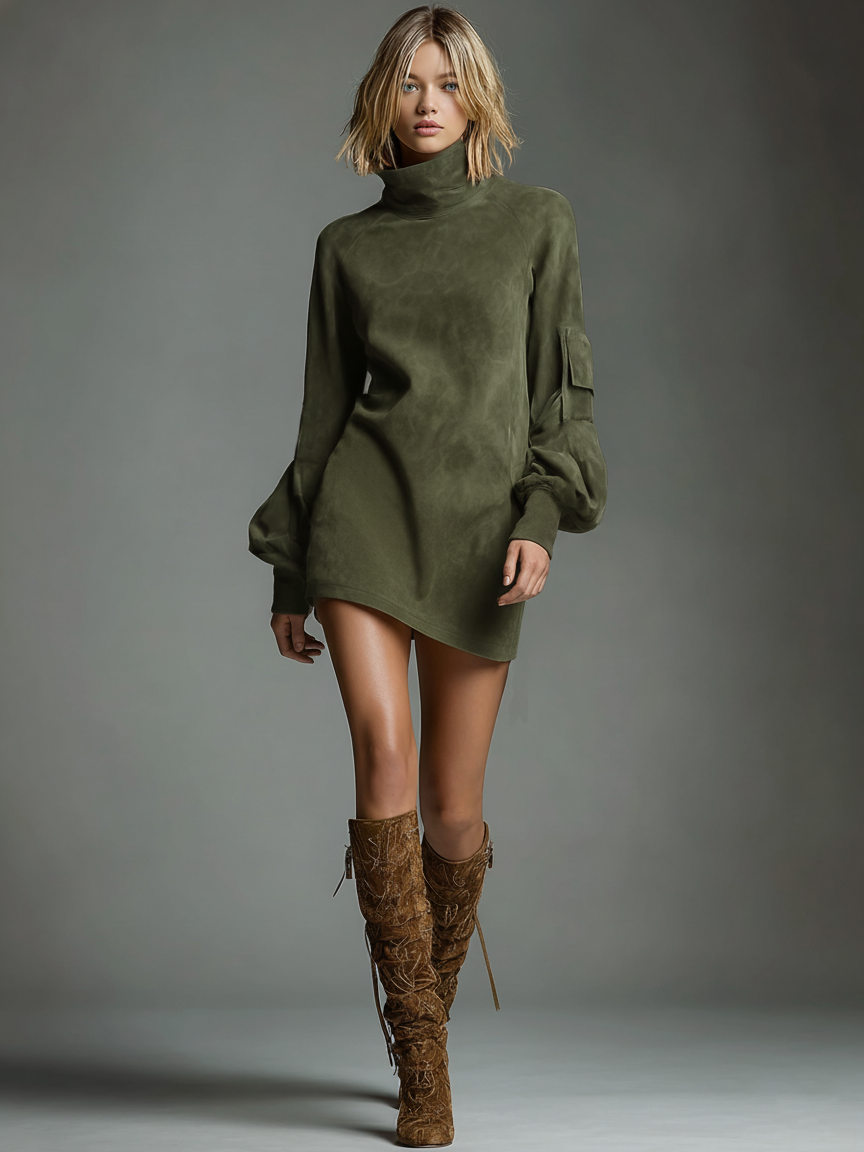 Women's Vintage Loose Suede Turtleneck Mini Dress MDA1693H3Y