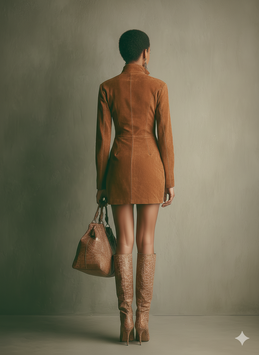 Women's Caramel Brown Faux Suede Stand Collar Zipper Mini Dress MDA2432I8T