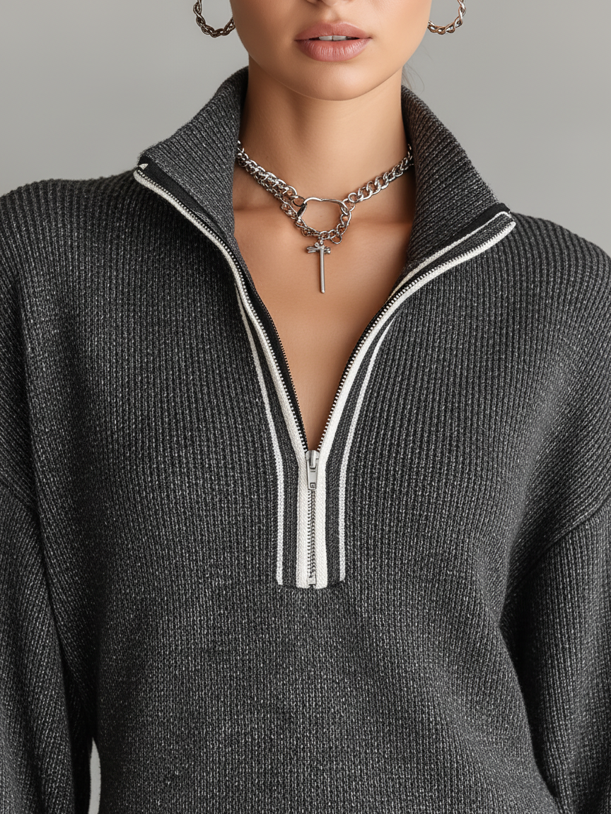 Women's Fashion Loose Knit White Trim Zipper Polo Neck Mini Dress MDA0774H6Y