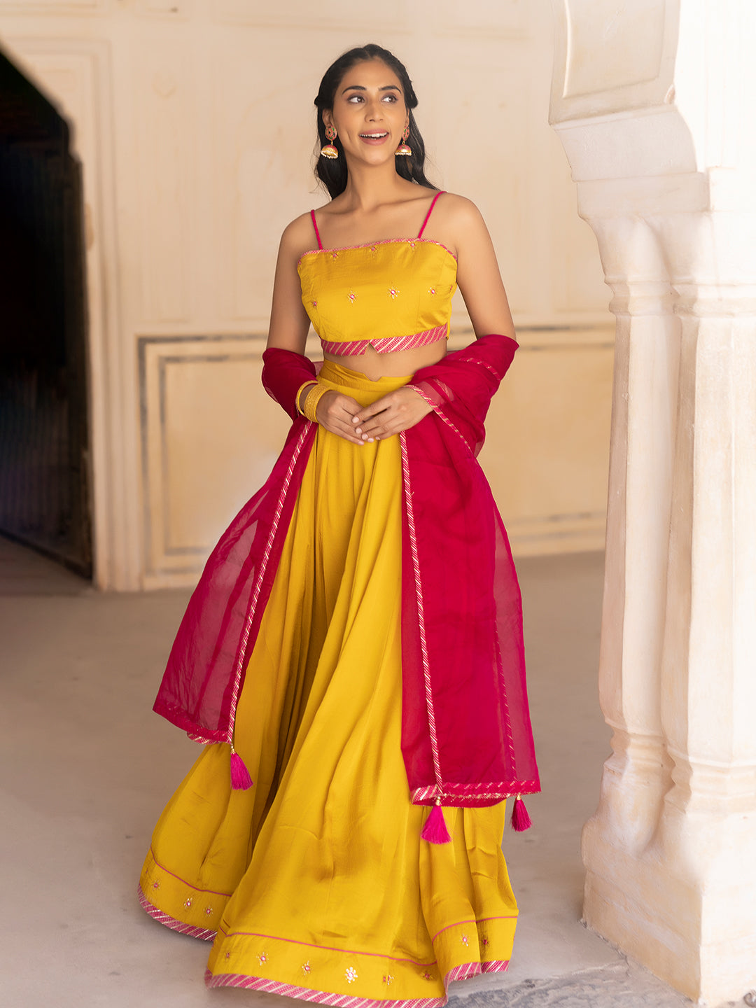 Gold Fusion Solid Mustard Lehenga Set