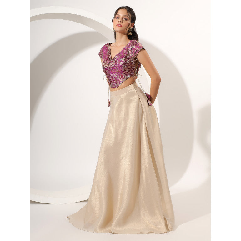 Gold Skirt Set with Brocade Crop Top - qivii