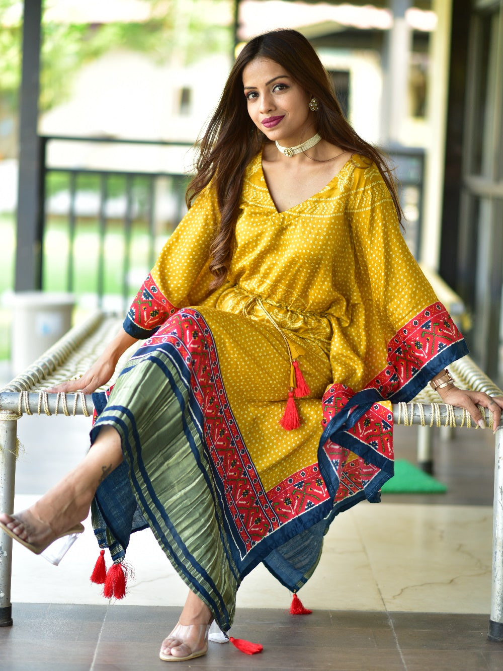 Mustard Color Digital Bandhej Print Pure Gaji Silk Kaftan - qivii
