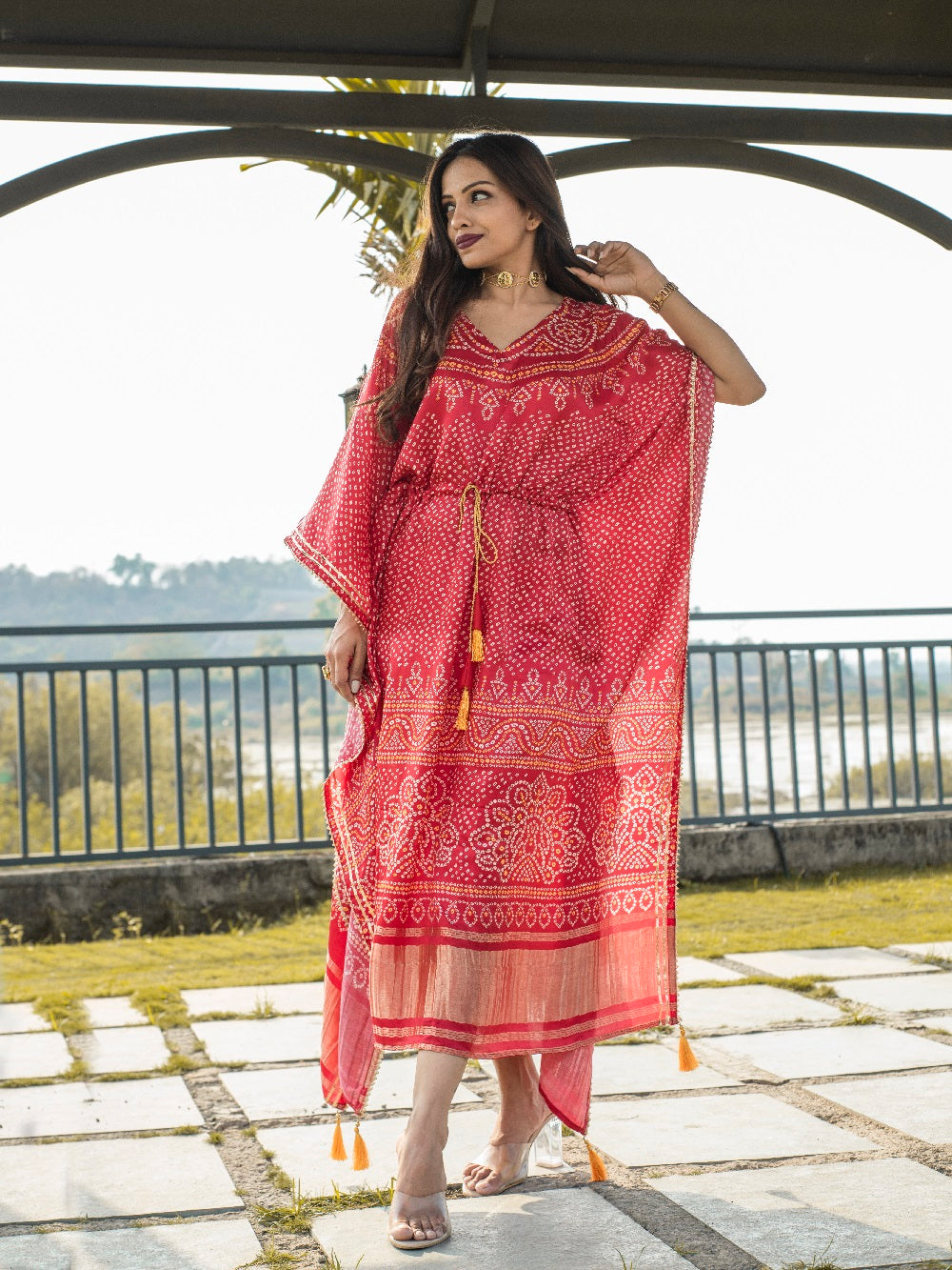 Red Color Digital Bandhej Print Pure Gaji Silk Kaftan - qivii