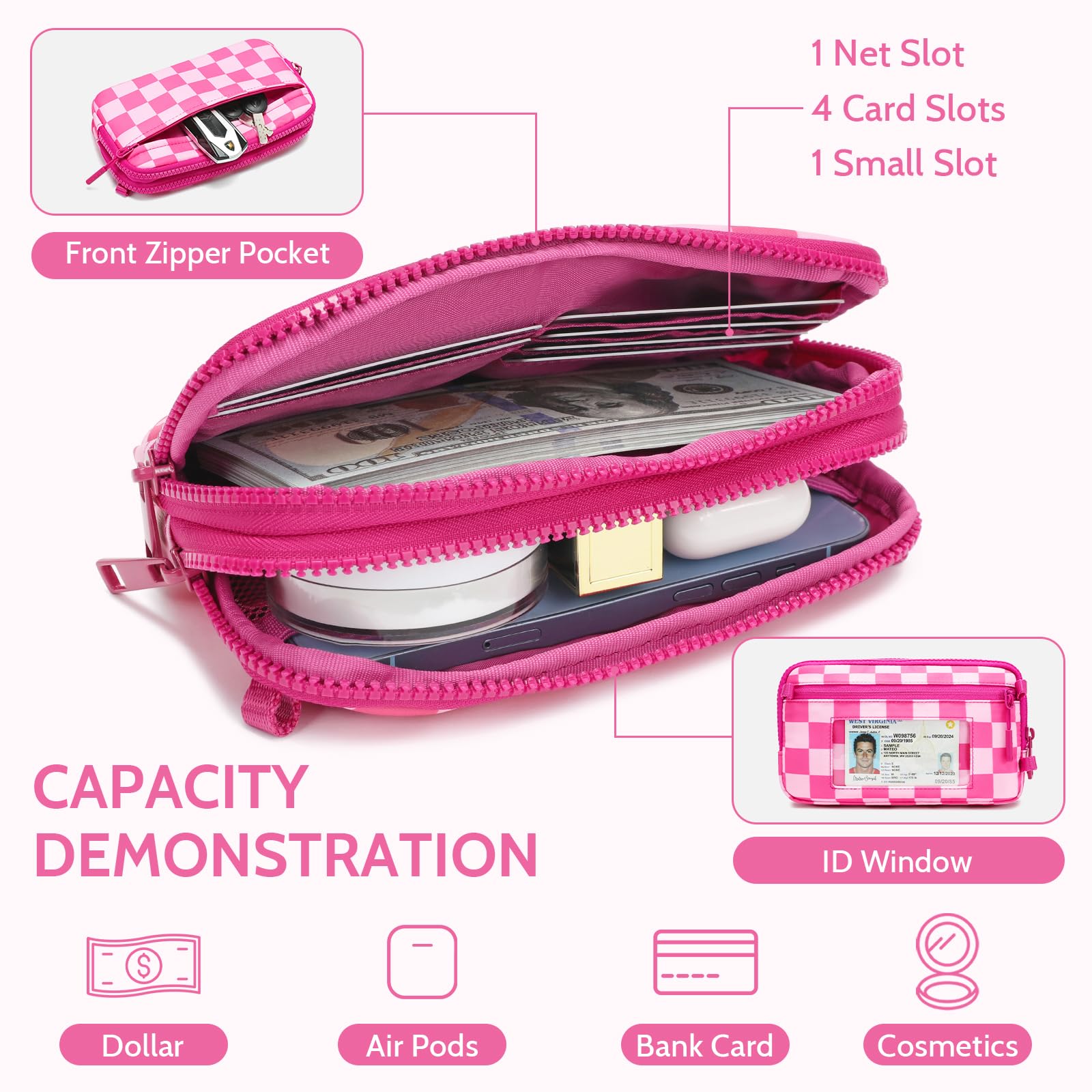 Ounamei Quilted Nylon Wristlet Crossbody Wallet for Women 4-Zipper Small Bag with RFID Protection & Adjustable Strap