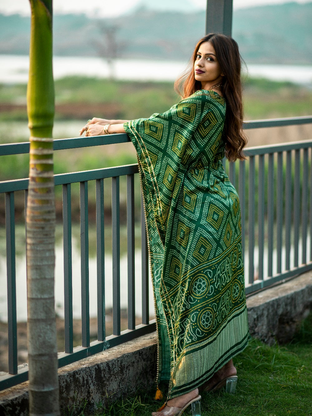 Green Color Digital Bandhej Print Pure Gaji Silk Kaftan - qivii