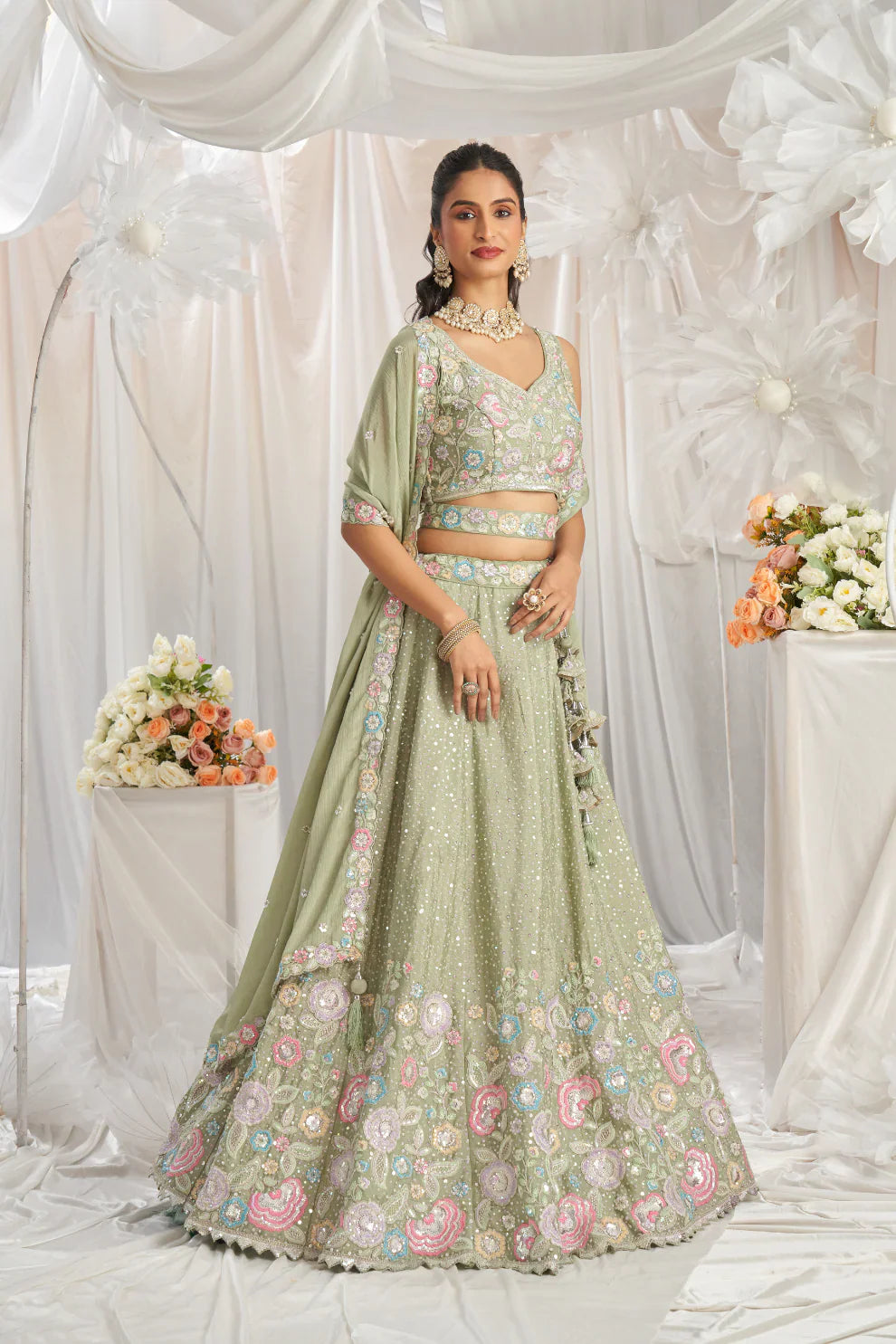 See Green Chiffon Lehenga with Sequins & Thread Embroidery