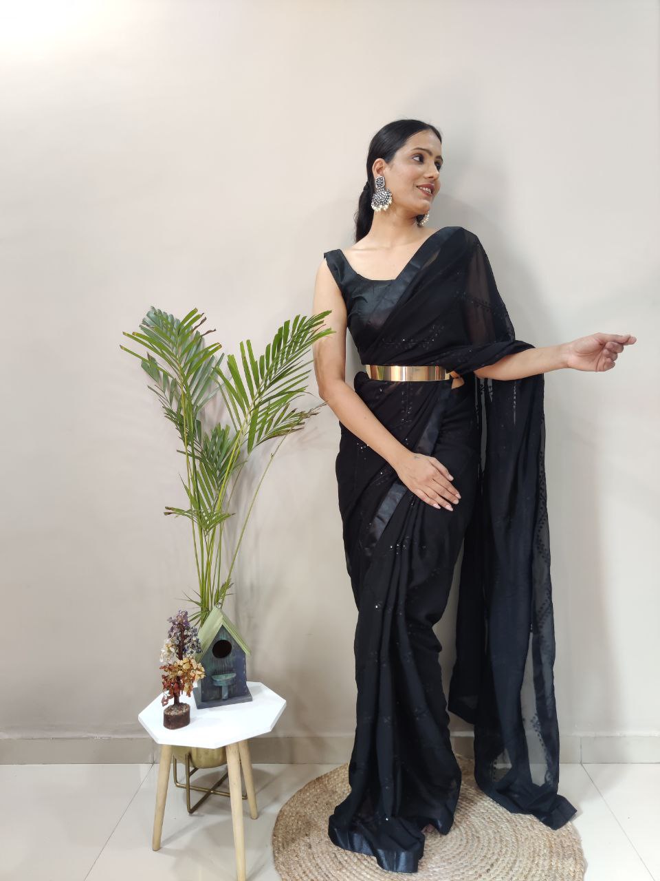 Premium Georgette Embellished with beautiful Embroidery And sequins work Saree Black Color - qivii