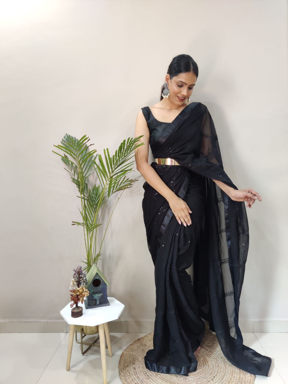Premium Georgette Embellished with beautiful Embroidery And sequins work Saree Black Color - qivii