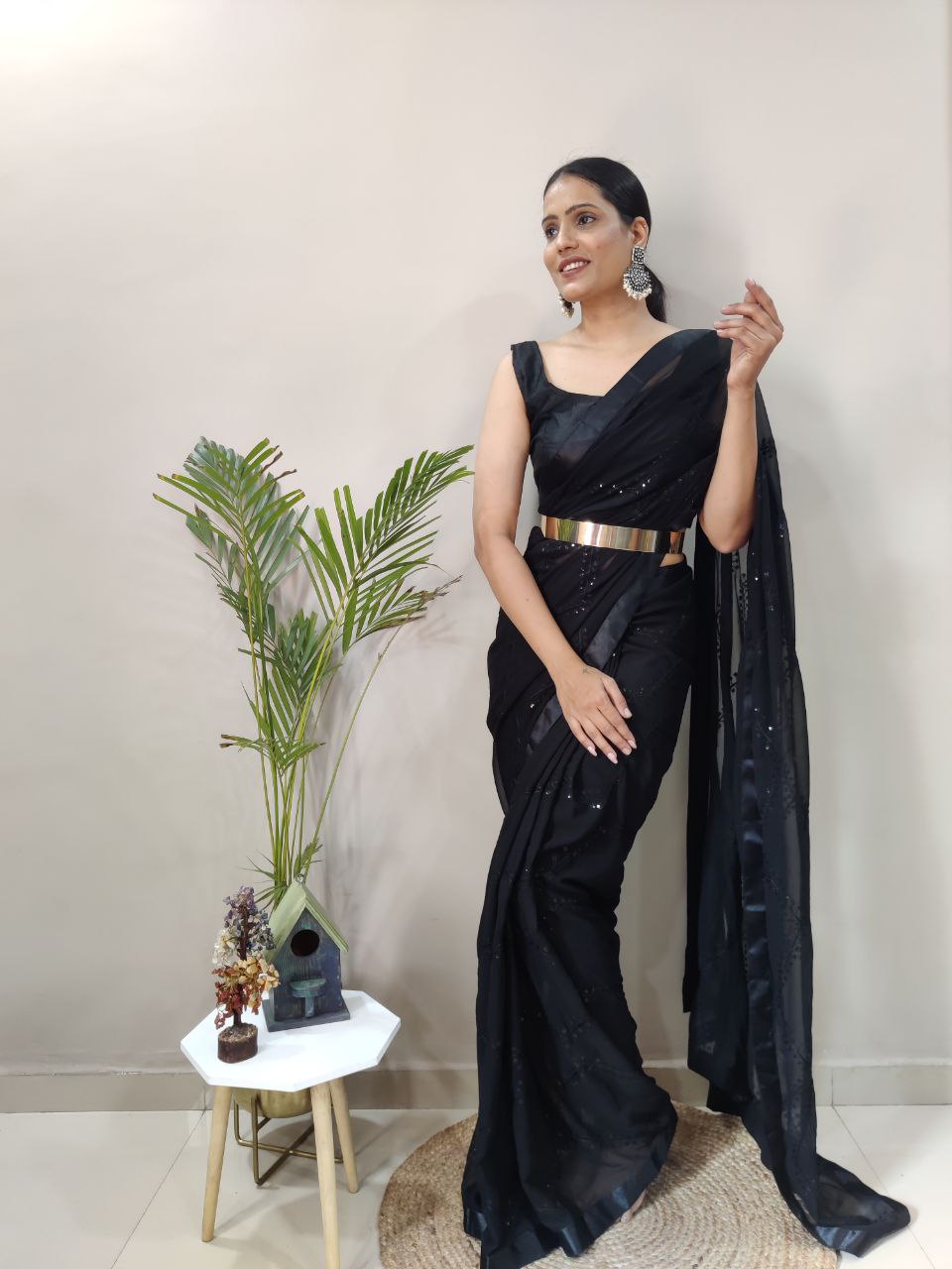 Premium Georgette Embellished with beautiful Embroidery And sequins work Saree Black Color - qivii