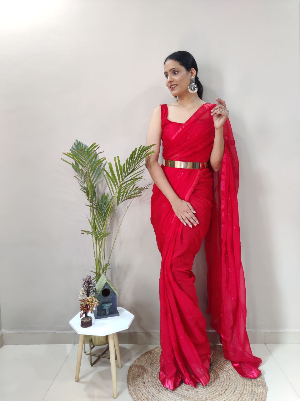 Premium Georgette Embellished with beautiful Embroidery And sequins work Saree Red Color - qivii