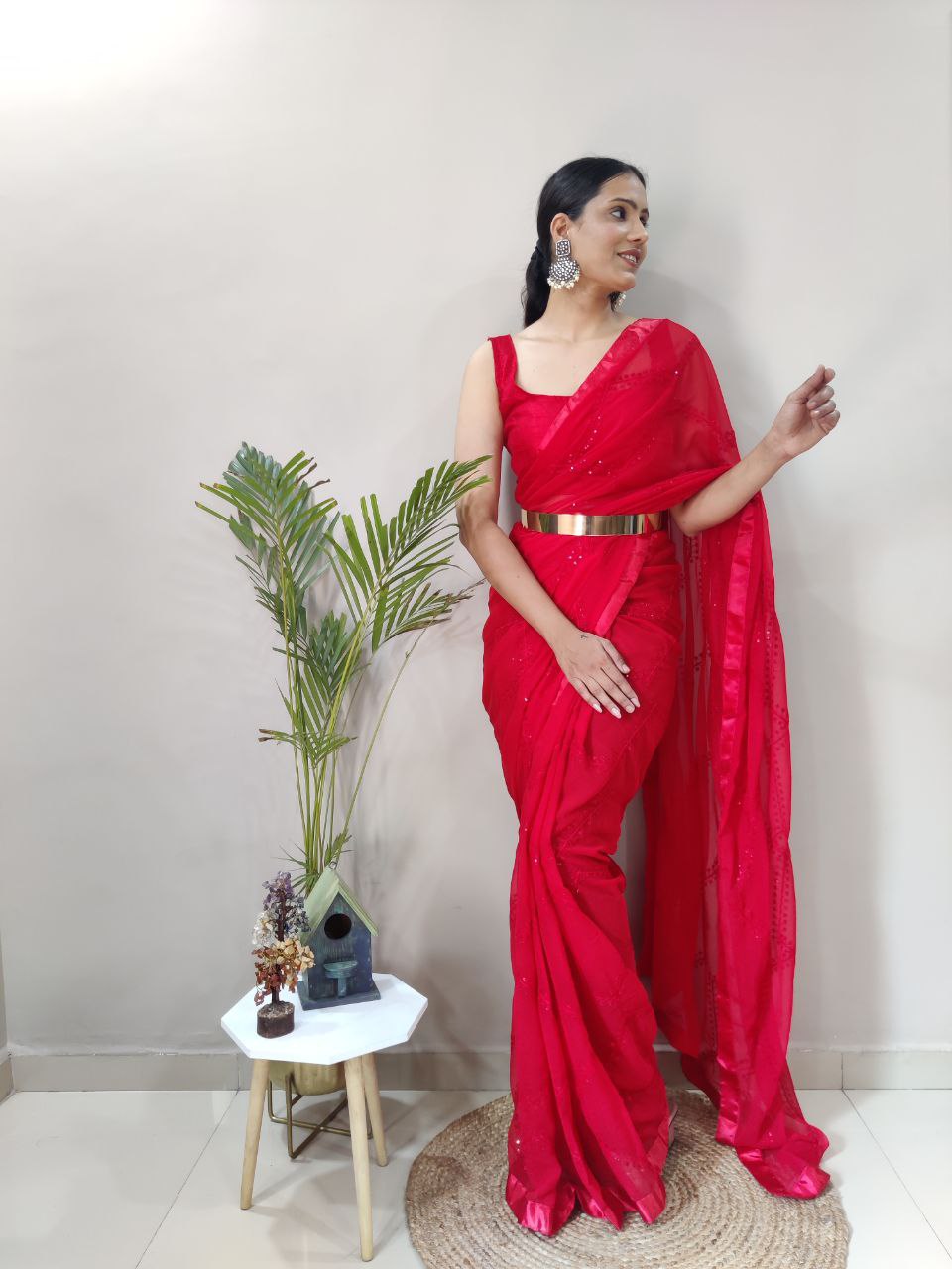 Premium Georgette Embellished with beautiful Embroidery And sequins work Saree Red Color - qivii