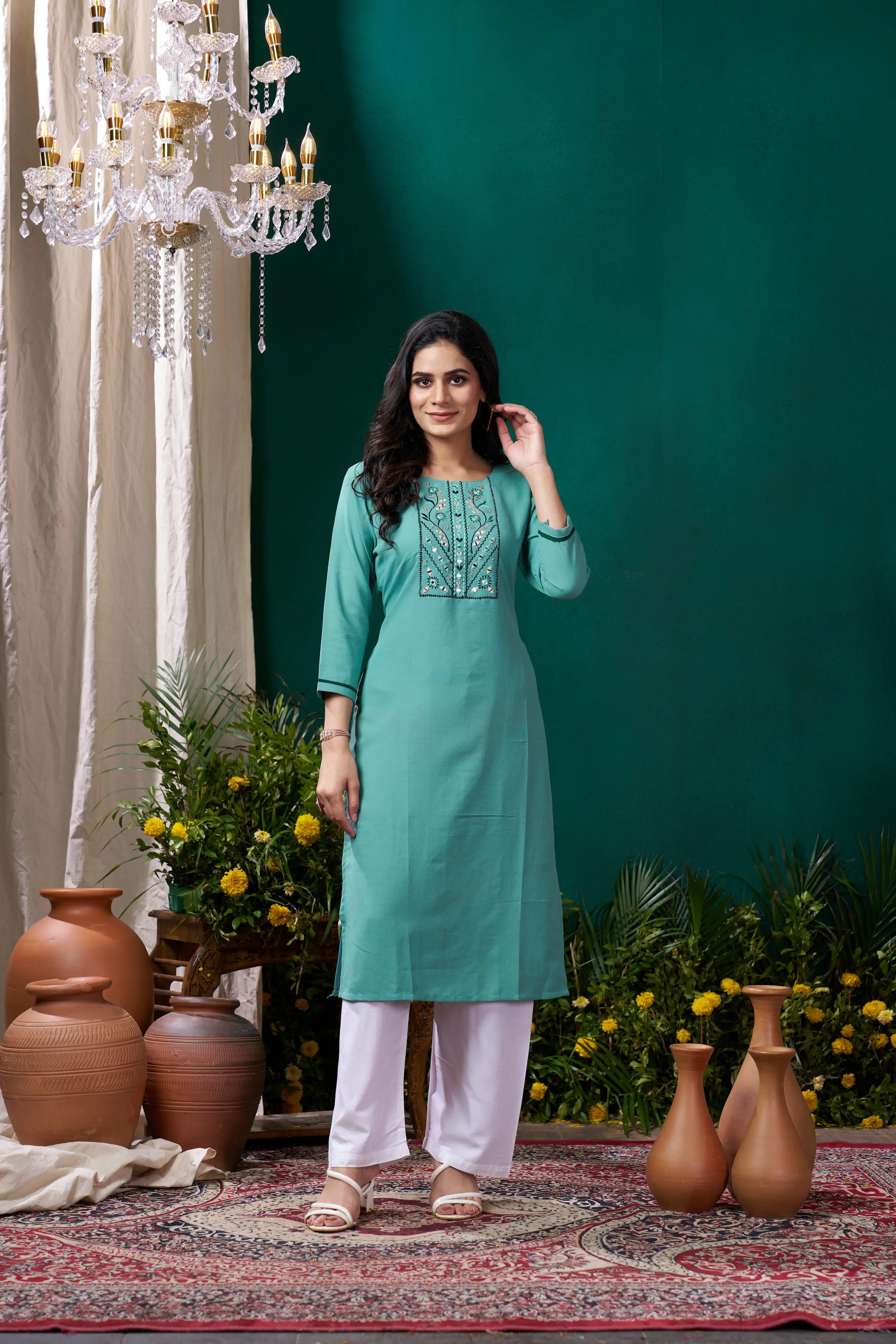 Cyan Kurta Set with Handmade Embroidery - qivii