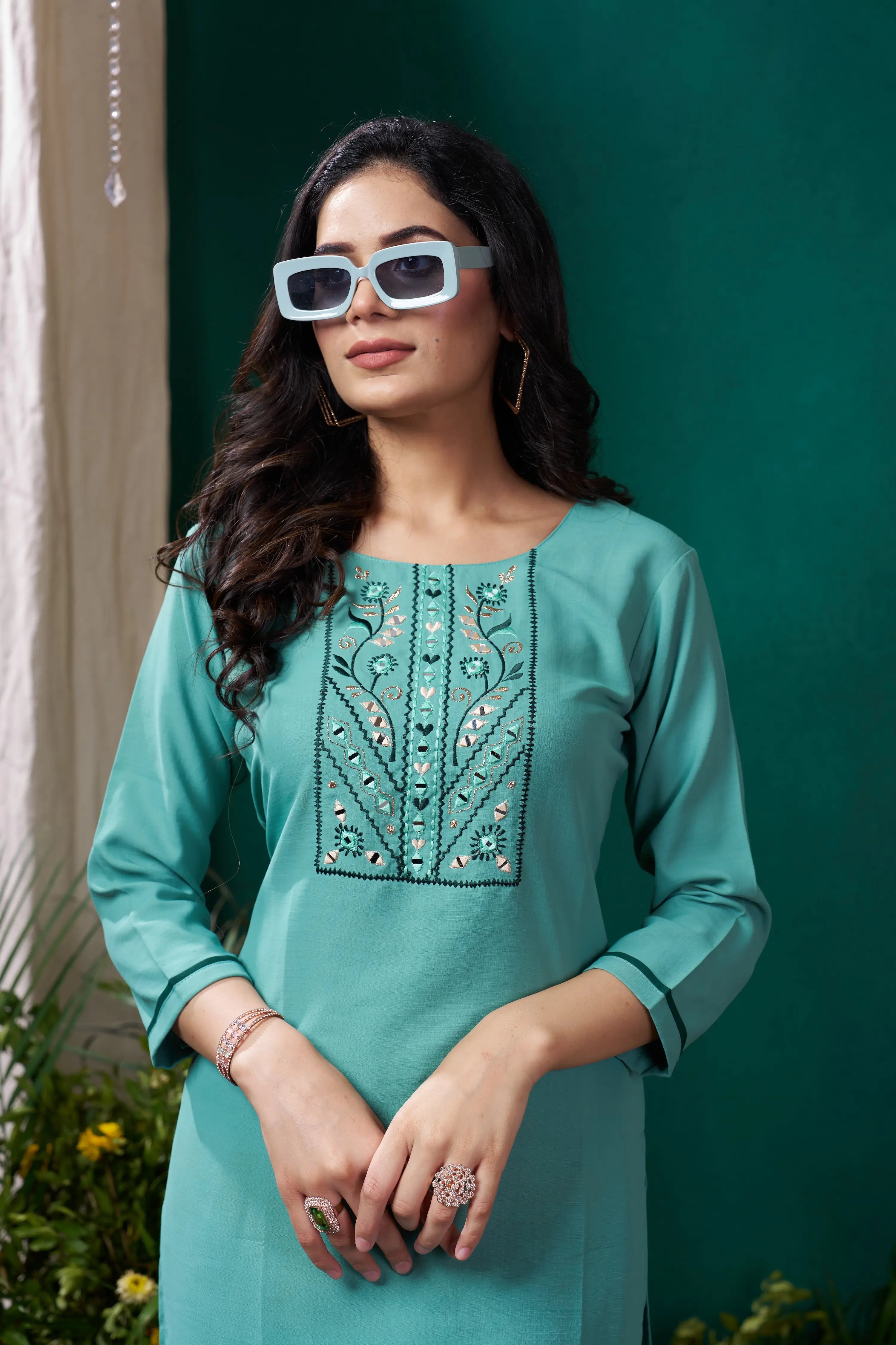 Cyan Kurta Set with Handmade Embroidery - qivii