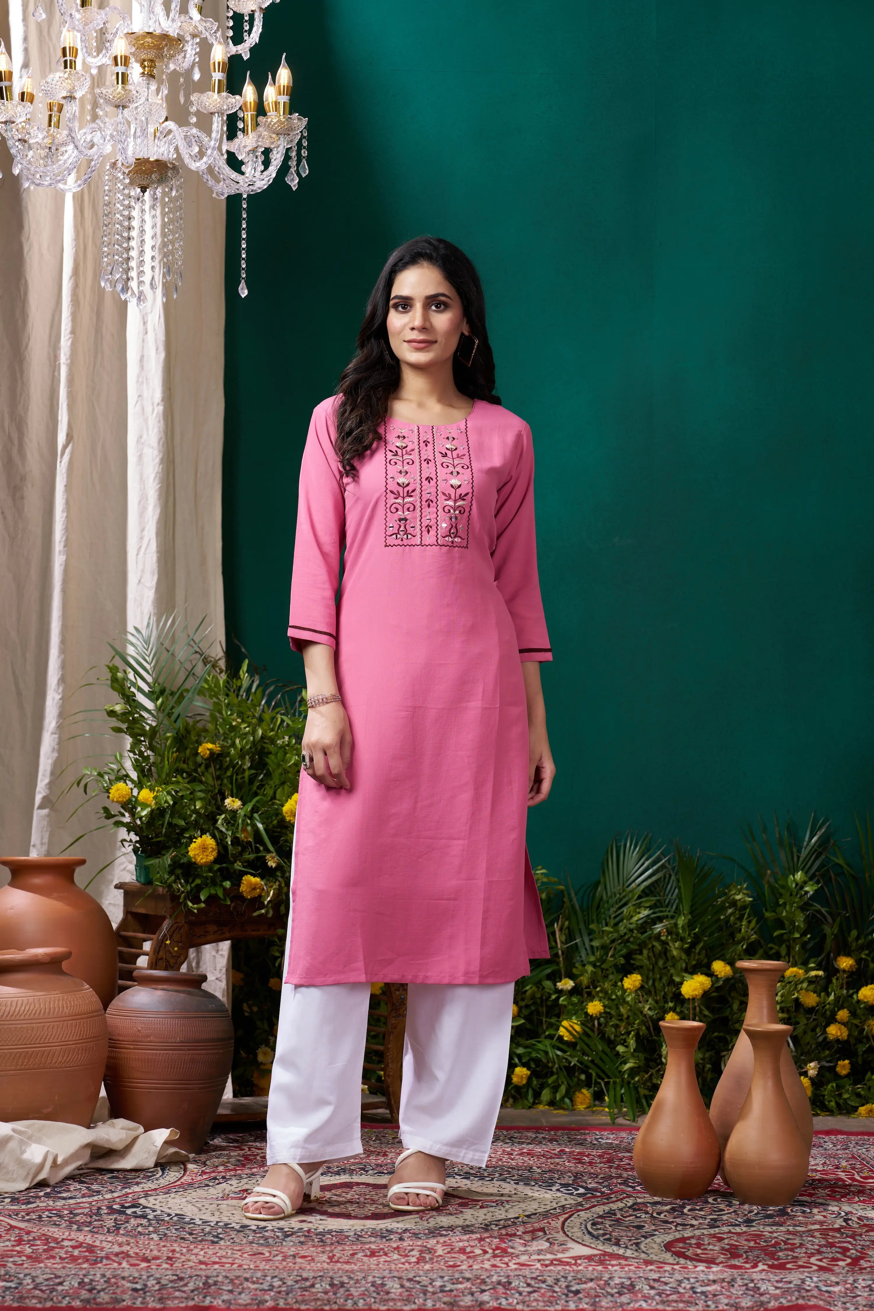 Rose Pink Handwork Kurta Set With Pocket - qivii