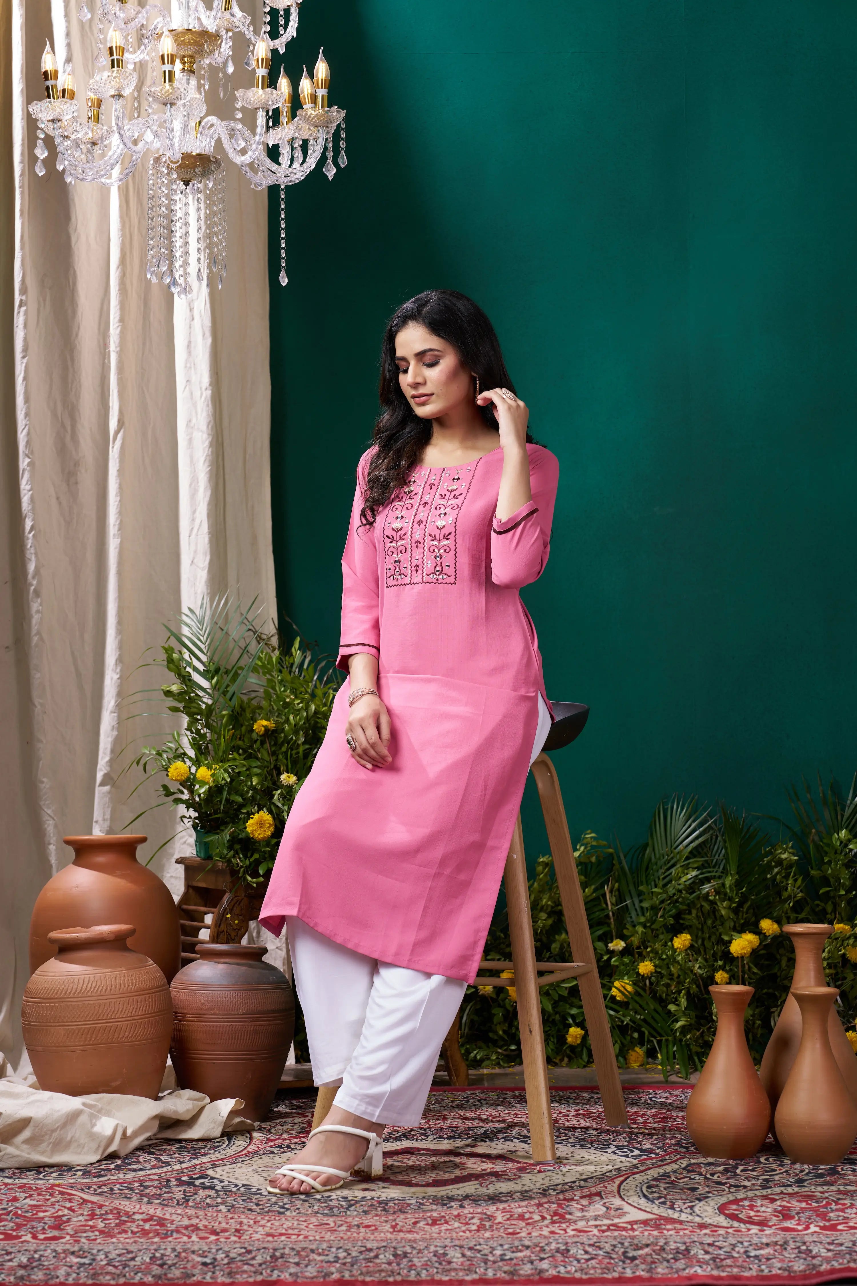 Rose Pink Handwork Kurta Set With Pocket - qivii