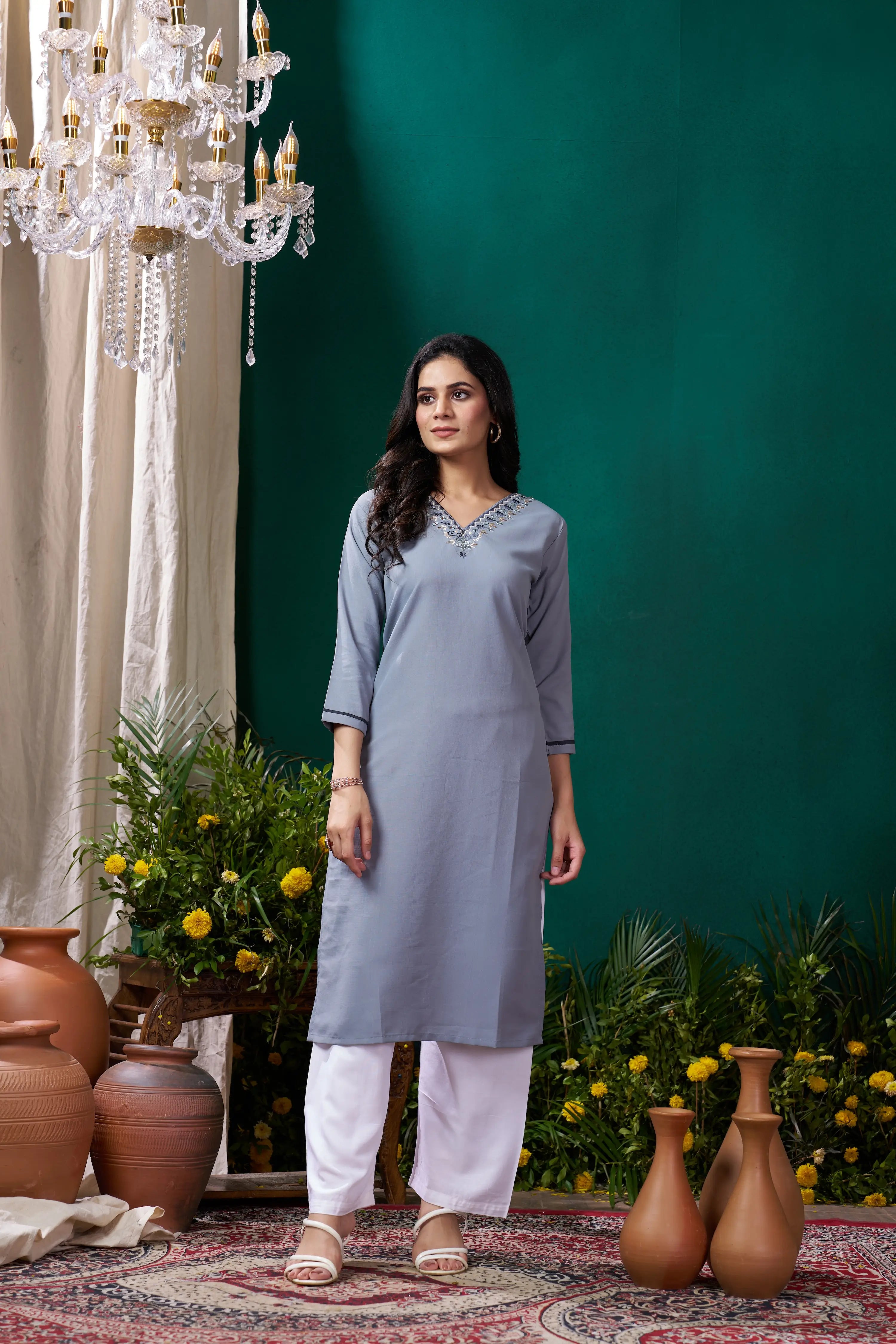 Tealish Blue Handwork Kurta Set With Pocket, a straight-cut kurta with intricate handwork and comfortable Rayon pant