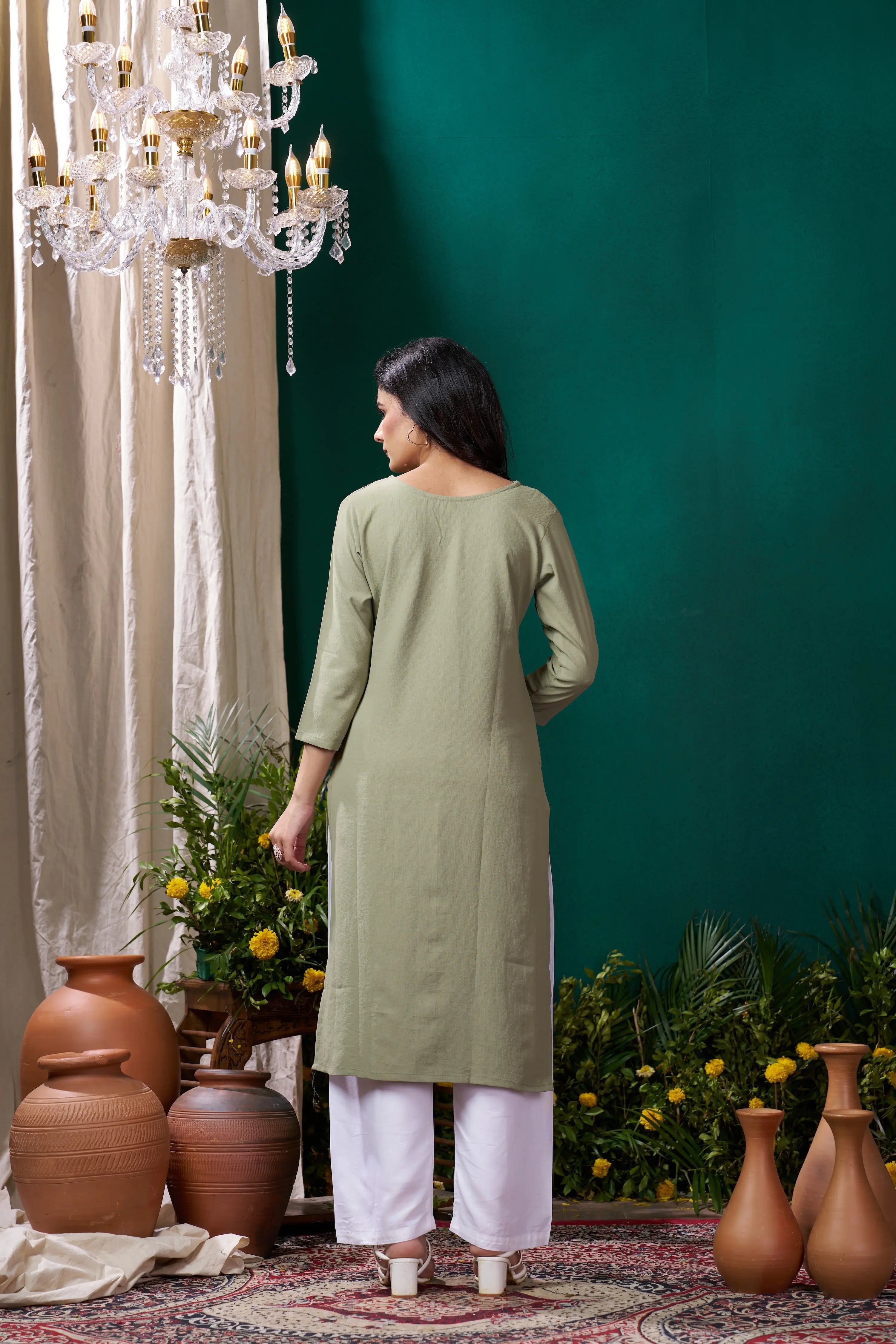 Pistachio Green Kurta Set with Handmade Embroidery - qivii