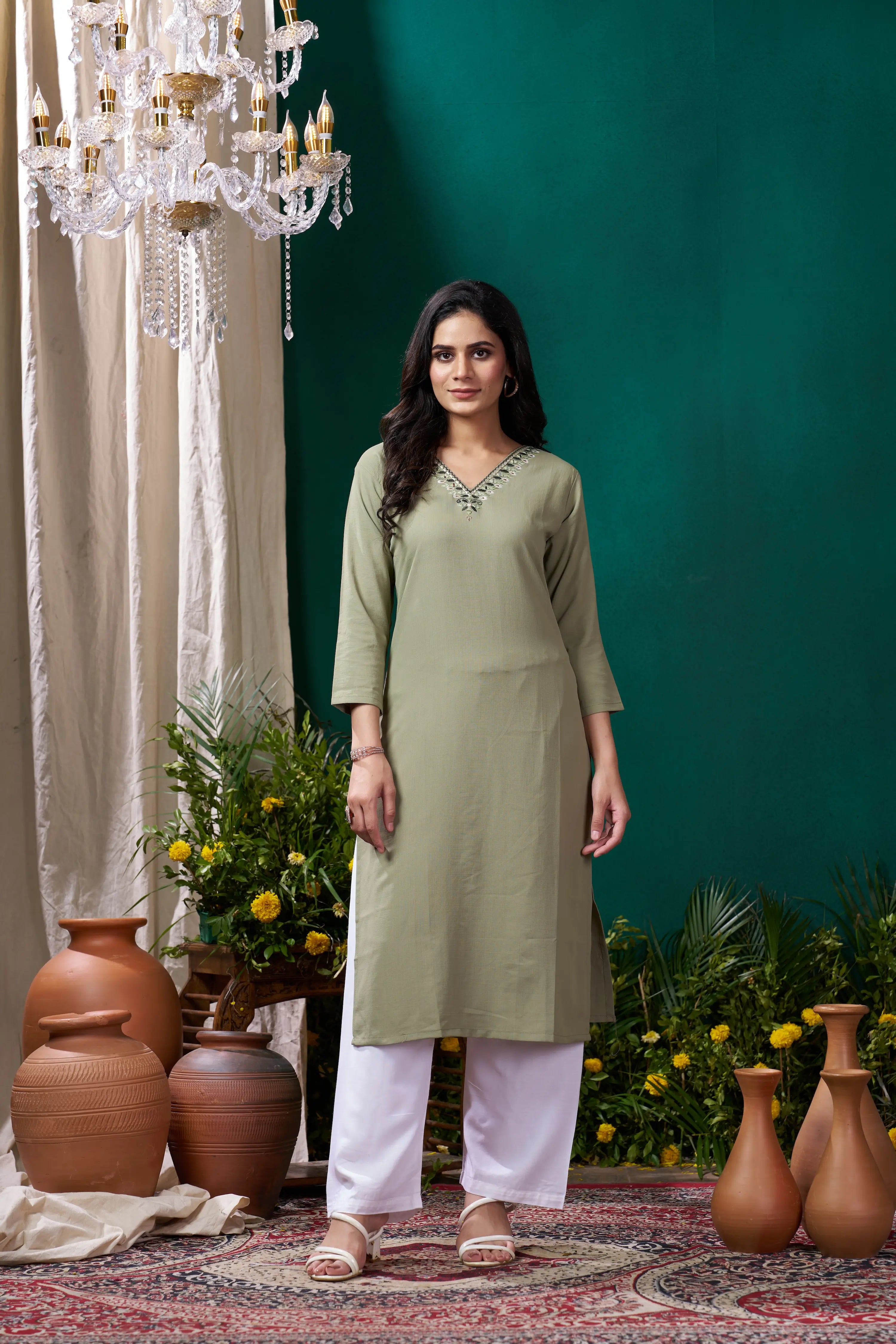 Pistachio Green Kurta Set with Handmade Embroidery - qivii