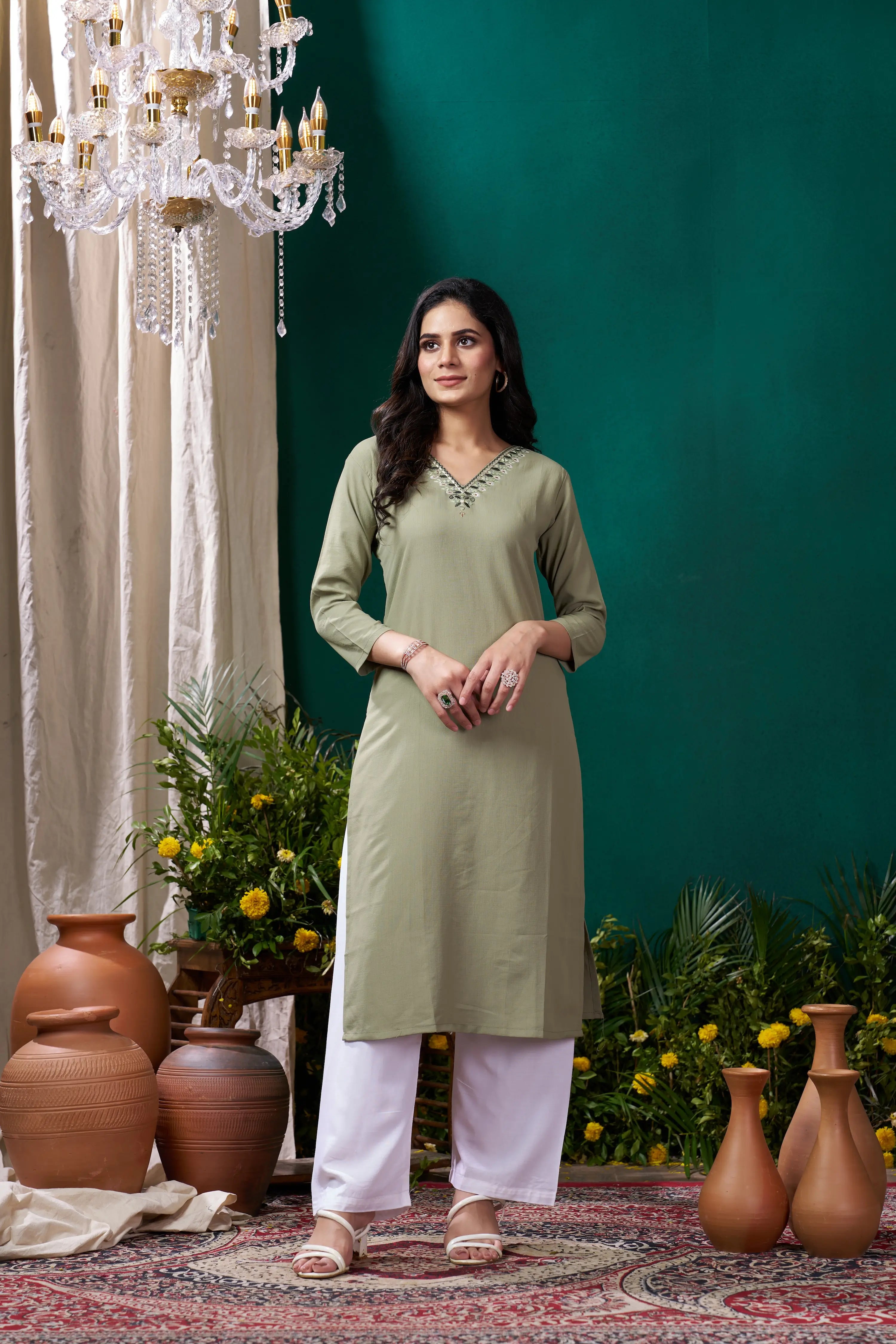 Pistachio Green Kurta Set with Handmade Embroidery - qivii