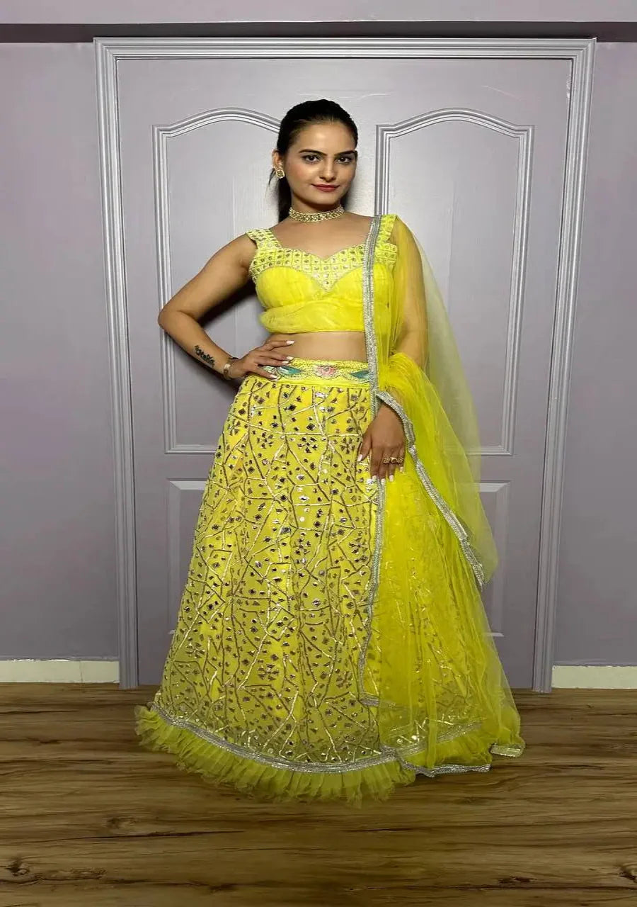 Yellow Georgette Lehenga Choli With Foil Mirror & Sequence Work | Ready To Wear - qivii
