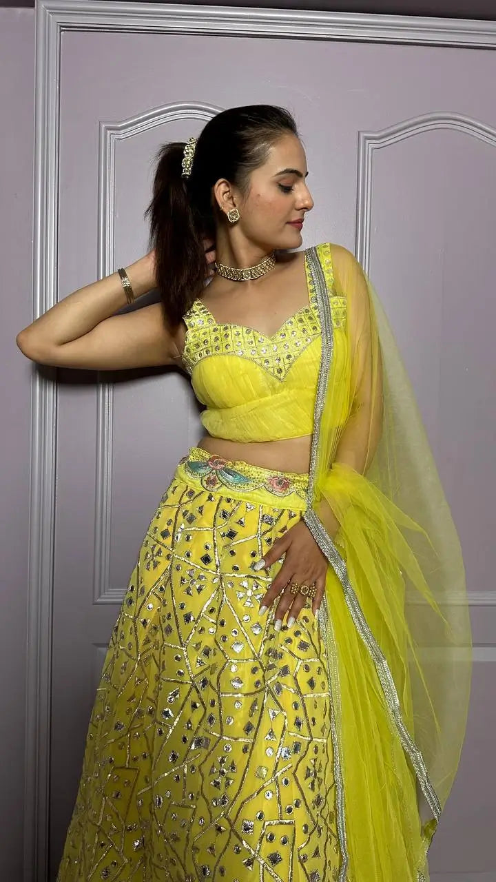 Yellow Georgette Lehenga Choli With Foil Mirror & Sequence Work | Ready To Wear - qivii