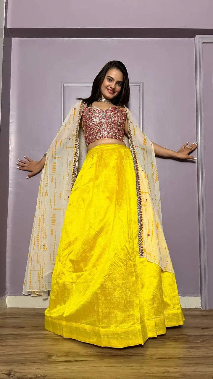 Yellow Kasturi Silk Indo Western Lehenga Set With Thread & Foil Mirror Work | Ready To Wear - qivii